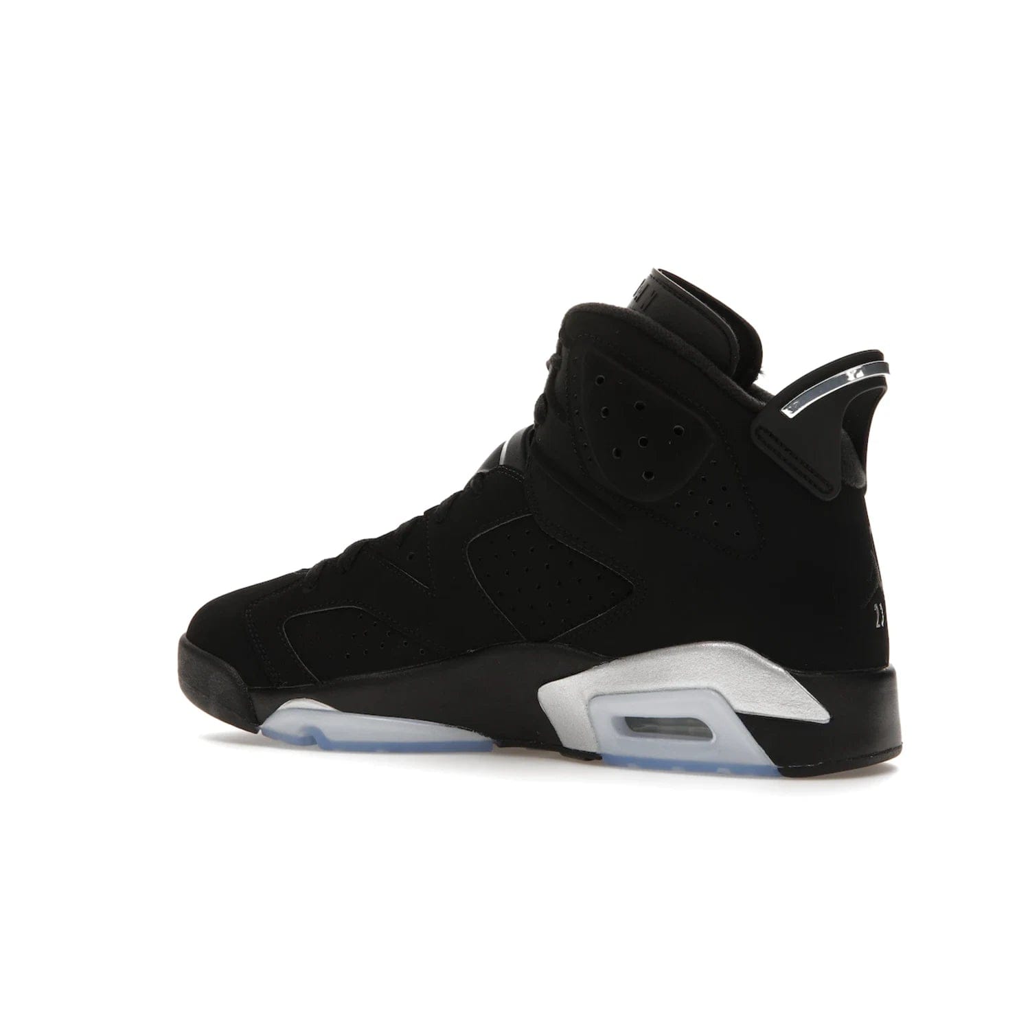 Jordan 6 Retro Chrome Metallic Silver - Image 22 - Only at www.BallersClubKickz.com - A signature sneaker from the Air Jordan franchise. Crafted with tumbled leather, synthetic nubuck, and synthetic textiles for superior comfort and support. Black and metallic silver colour palette. Black polyurethane midsole, translucent rubber outsole, Jumpman branding, windowed tongue, lace locks & spoiler-like heel tab. Air Jordan 6 Retro Metallic Silver for an athletic upgrade with a touch of class.