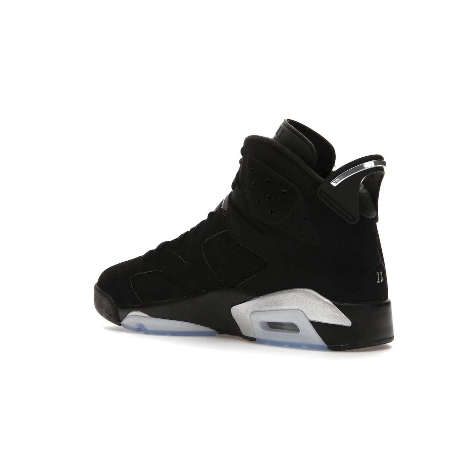 Jordan 6 Retro Chrome Metallic Silver - Image 23 - Only at www.BallersClubKickz.com - A signature sneaker from the Air Jordan franchise. Crafted with tumbled leather, synthetic nubuck, and synthetic textiles for superior comfort and support. Black and metallic silver colour palette. Black polyurethane midsole, translucent rubber outsole, Jumpman branding, windowed tongue, lace locks & spoiler-like heel tab. Air Jordan 6 Retro Metallic Silver for an athletic upgrade with a touch of class.