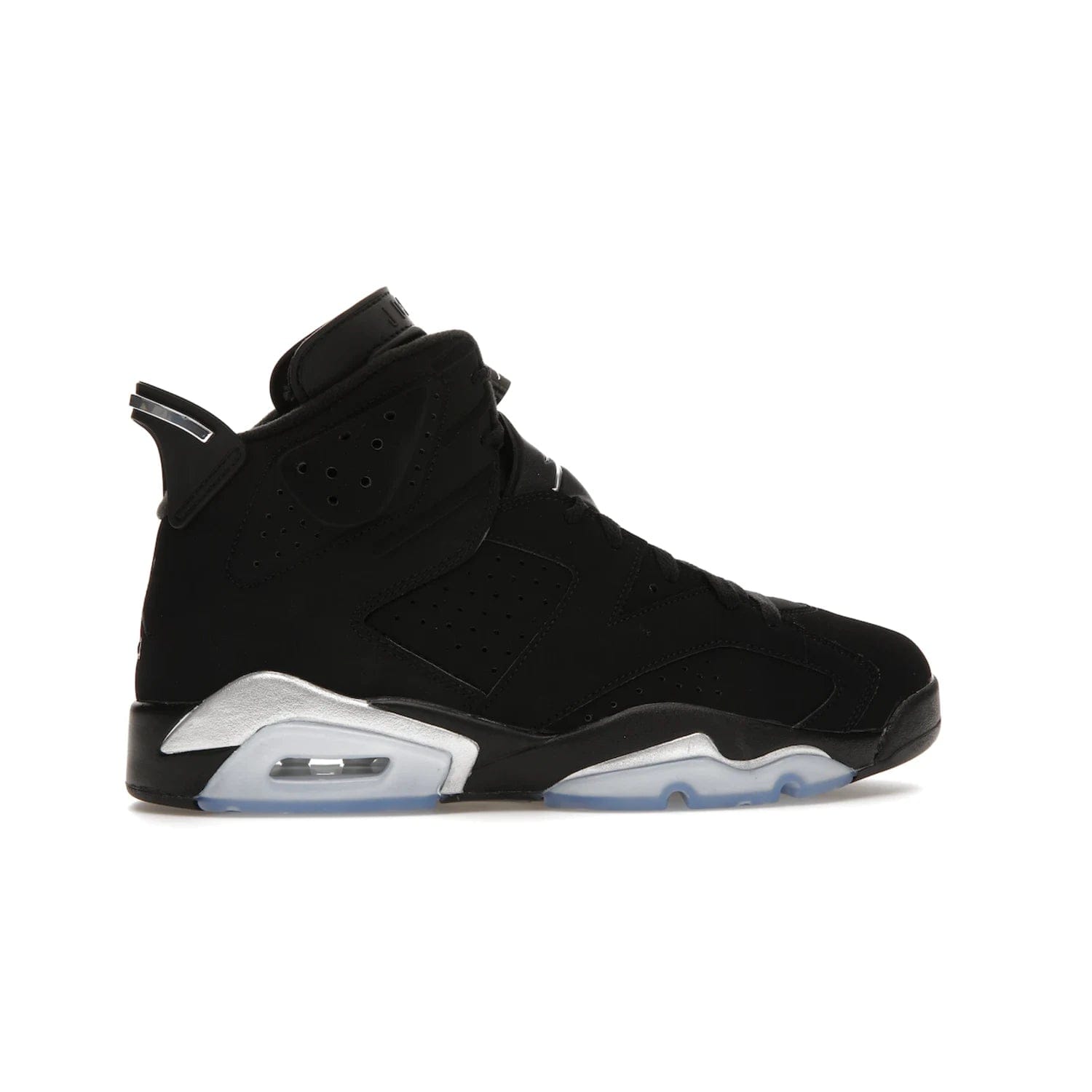 Jordan 6 Retro Chrome Metallic Silver - Image 36 - Only at www.BallersClubKickz.com - A signature sneaker from the Air Jordan franchise. Crafted with tumbled leather, synthetic nubuck, and synthetic textiles for superior comfort and support. Black and metallic silver colour palette. Black polyurethane midsole, translucent rubber outsole, Jumpman branding, windowed tongue, lace locks & spoiler-like heel tab. Air Jordan 6 Retro Metallic Silver for an athletic upgrade with a touch of class.