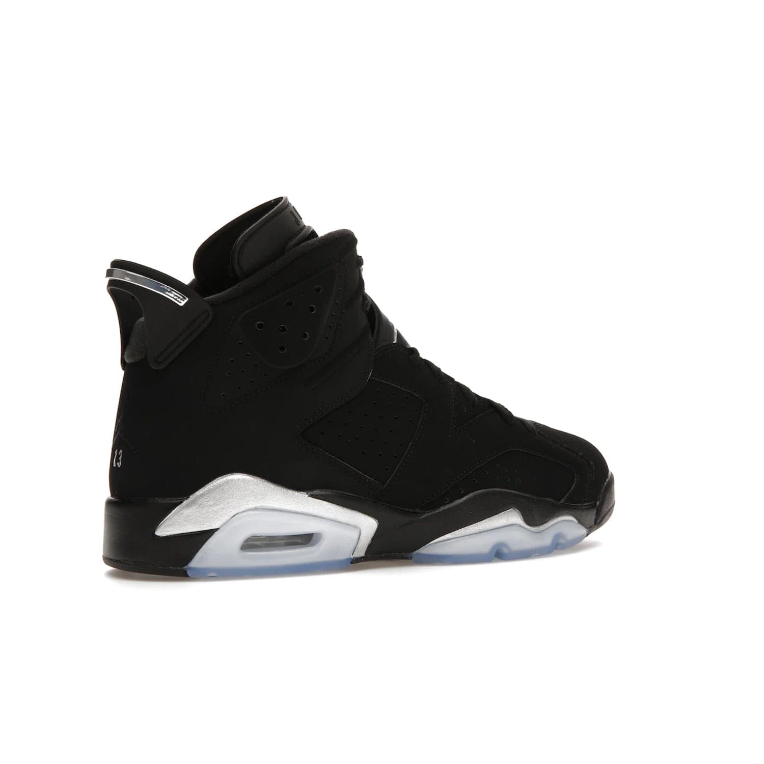 Jordan 6 Retro Chrome Metallic Silver - Image 34 - Only at www.BallersClubKickz.com - A signature sneaker from the Air Jordan franchise. Crafted with tumbled leather, synthetic nubuck, and synthetic textiles for superior comfort and support. Black and metallic silver colour palette. Black polyurethane midsole, translucent rubber outsole, Jumpman branding, windowed tongue, lace locks & spoiler-like heel tab. Air Jordan 6 Retro Metallic Silver for an athletic upgrade with a touch of class.