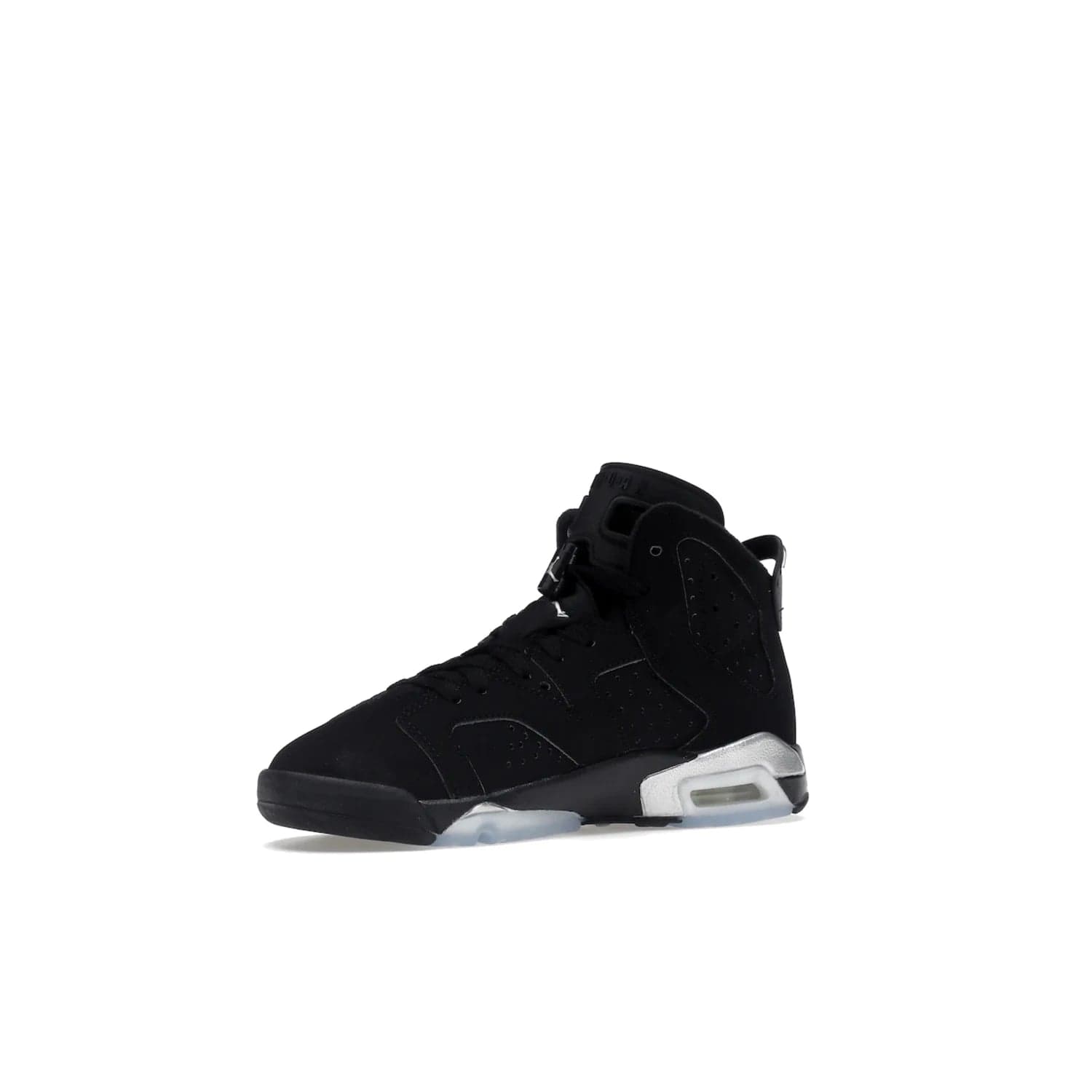Jordan 6 Retro Chrome Metallic Silver (GS) - Image 16 - Only at www.BallersClubKickz.com - The Air Jordan 6 Retro Chrome Metallic Silver GS features a black nubuck upper, polyurethane midsole and translucent rubber outsole. The stylish silver hits add shine to this classic monochromatic sneaker. Available November 26th, 2022.