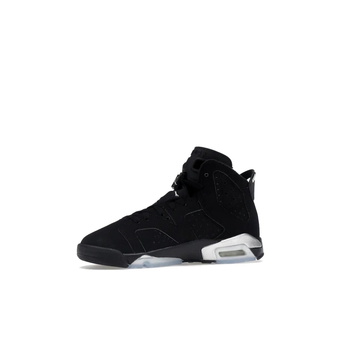Jordan 6 Retro Chrome Metallic Silver (GS) - Image 17 - Only at www.BallersClubKickz.com - The Air Jordan 6 Retro Chrome Metallic Silver GS features a black nubuck upper, polyurethane midsole and translucent rubber outsole. The stylish silver hits add shine to this classic monochromatic sneaker. Available November 26th, 2022.