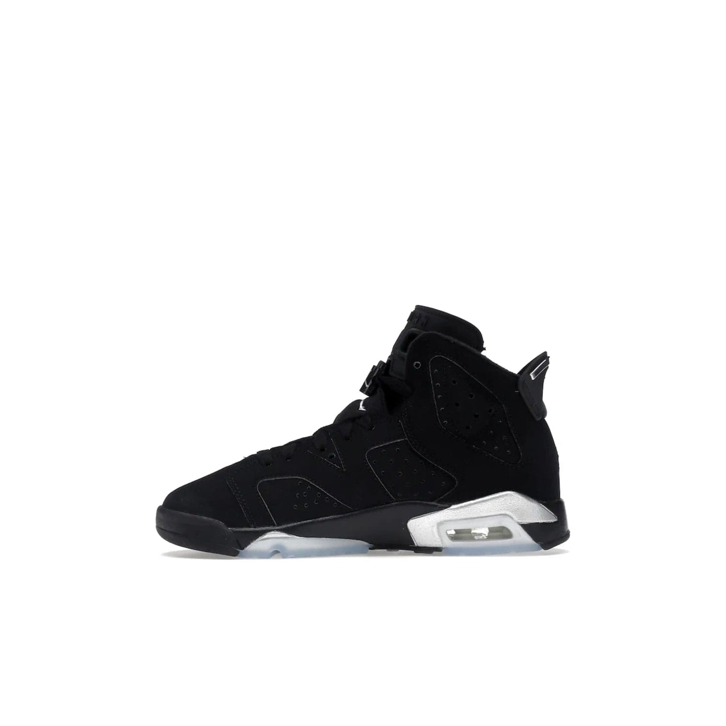 Jordan 6 Retro Chrome Metallic Silver (GS) - Image 19 - Only at www.BallersClubKickz.com - The Air Jordan 6 Retro Chrome Metallic Silver GS features a black nubuck upper, polyurethane midsole and translucent rubber outsole. The stylish silver hits add shine to this classic monochromatic sneaker. Available November 26th, 2022.