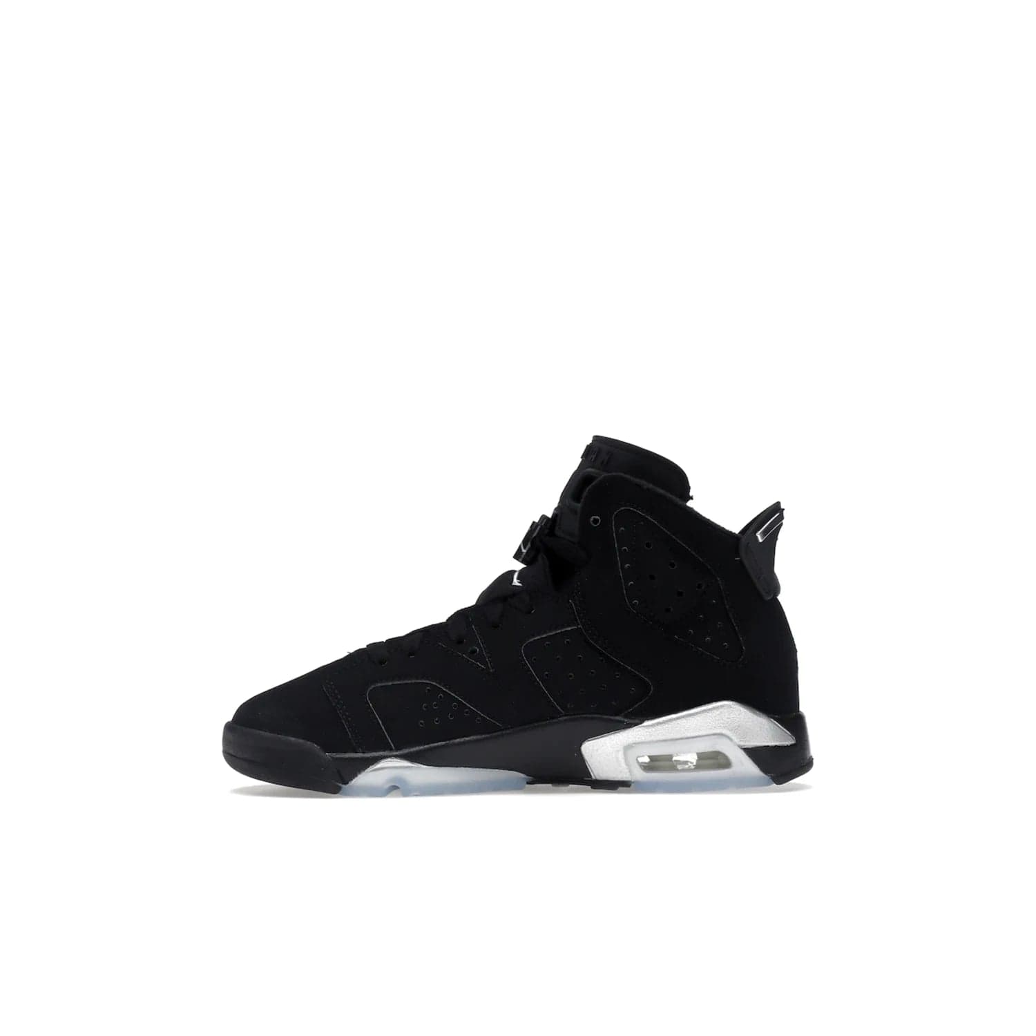 Jordan 6 Retro Chrome Metallic Silver (GS) - Image 19 - Only at www.BallersClubKickz.com - The Air Jordan 6 Retro Chrome Metallic Silver GS features a black nubuck upper, polyurethane midsole and translucent rubber outsole. The stylish silver hits add shine to this classic monochromatic sneaker. Available November 26th, 2022.