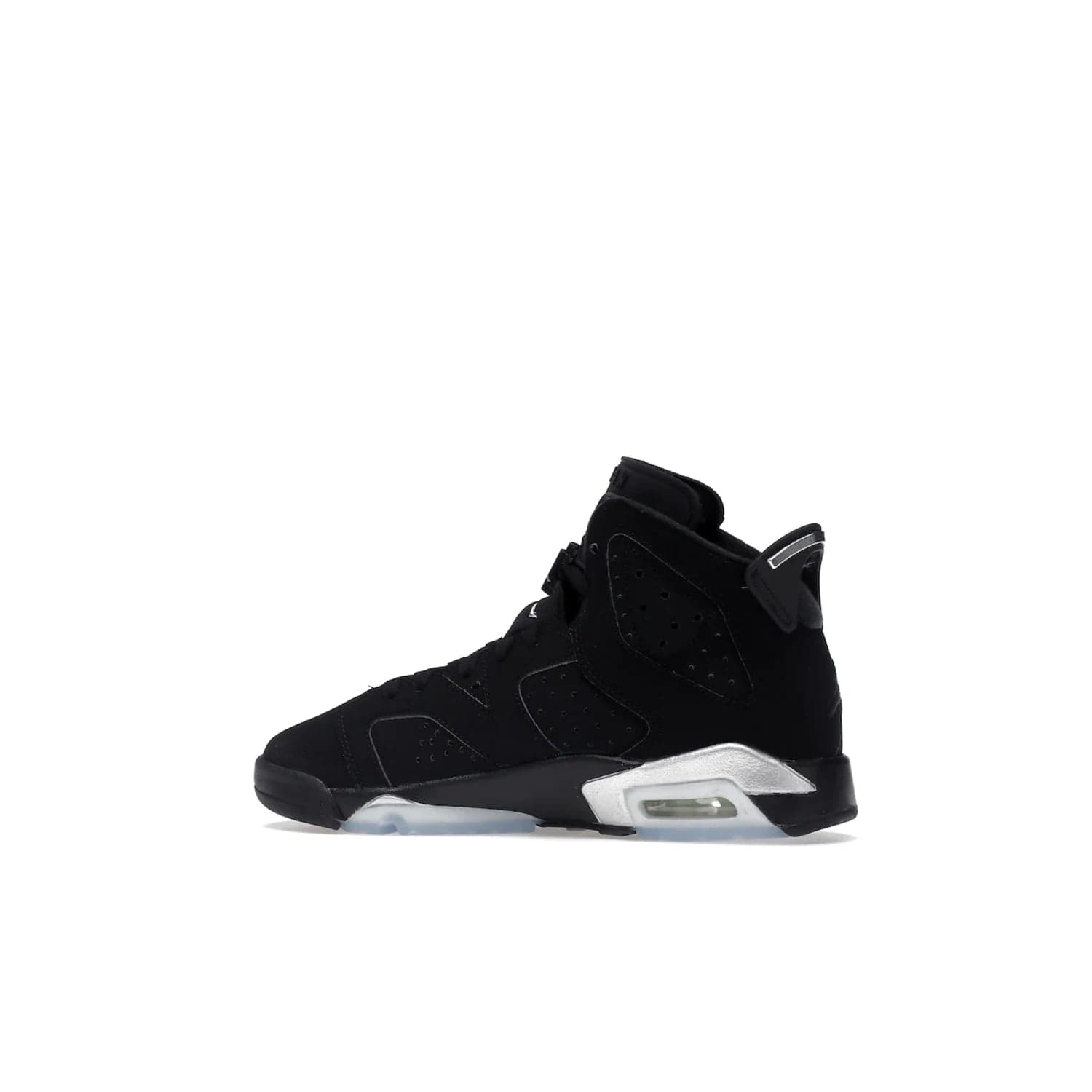 Jordan 6 Retro Chrome Metallic Silver (GS) - Image 21 - Only at www.BallersClubKickz.com - The Air Jordan 6 Retro Chrome Metallic Silver GS features a black nubuck upper, polyurethane midsole and translucent rubber outsole. The stylish silver hits add shine to this classic monochromatic sneaker. Available November 26th, 2022.
