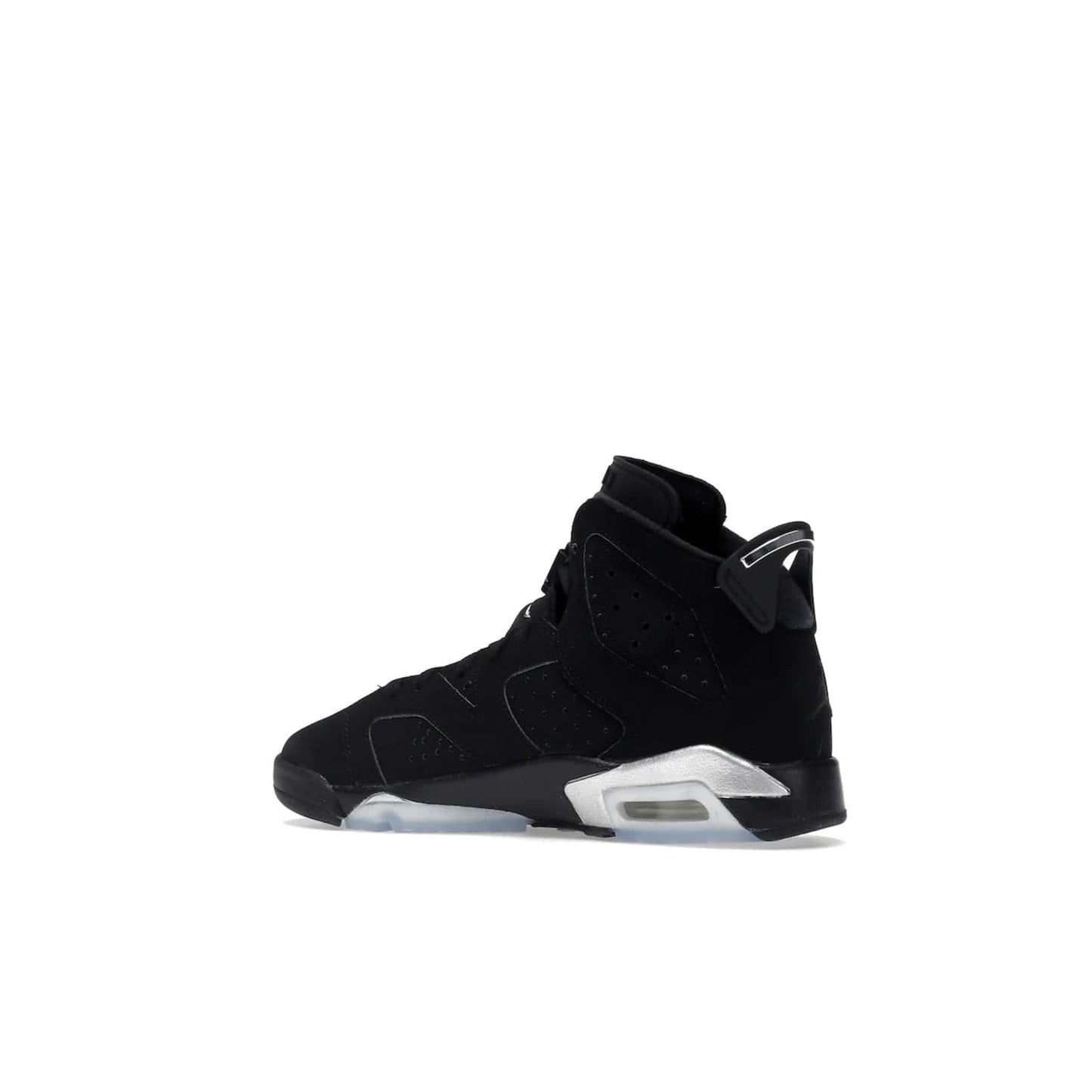 Jordan 6 Retro Chrome Metallic Silver (GS) - Image 22 - Only at www.BallersClubKickz.com - The Air Jordan 6 Retro Chrome Metallic Silver GS features a black nubuck upper, polyurethane midsole and translucent rubber outsole. The stylish silver hits add shine to this classic monochromatic sneaker. Available November 26th, 2022.