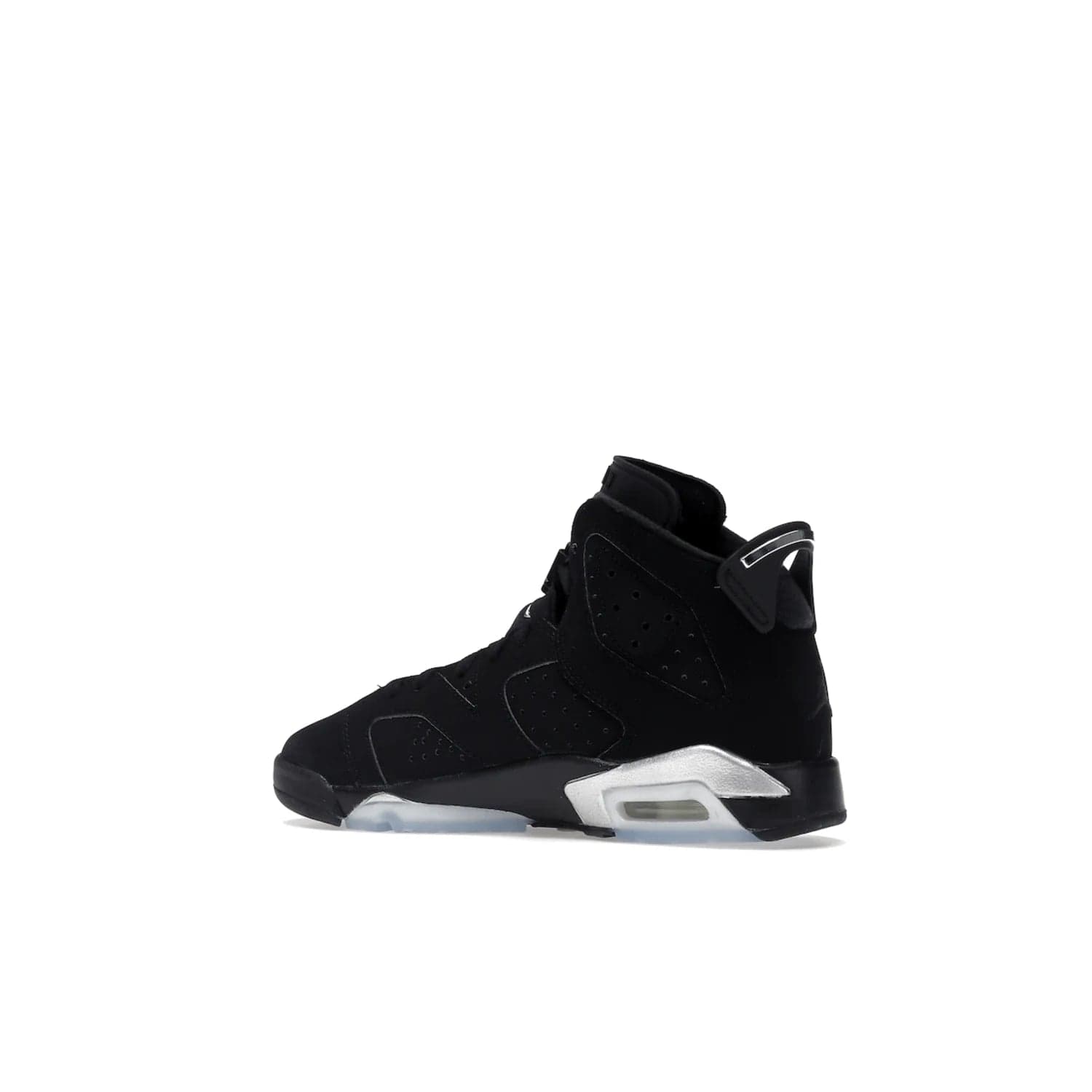 Jordan 6 Retro Chrome Metallic Silver (GS) - Image 22 - Only at www.BallersClubKickz.com - The Air Jordan 6 Retro Chrome Metallic Silver GS features a black nubuck upper, polyurethane midsole and translucent rubber outsole. The stylish silver hits add shine to this classic monochromatic sneaker. Available November 26th, 2022.
