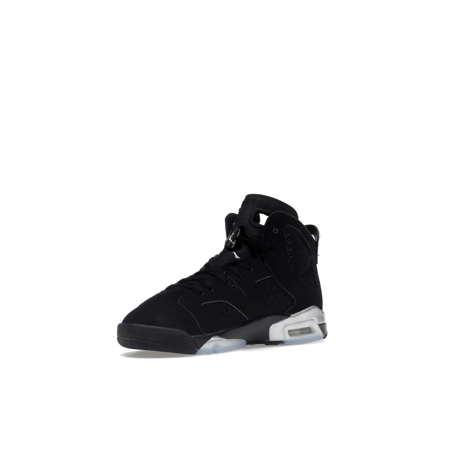 Jordan 6 Retro Chrome Metallic Silver (GS) - Image 15 - Only at www.BallersClubKickz.com - The Air Jordan 6 Retro Chrome Metallic Silver GS features a black nubuck upper, polyurethane midsole and translucent rubber outsole. The stylish silver hits add shine to this classic monochromatic sneaker. Available November 26th, 2022.