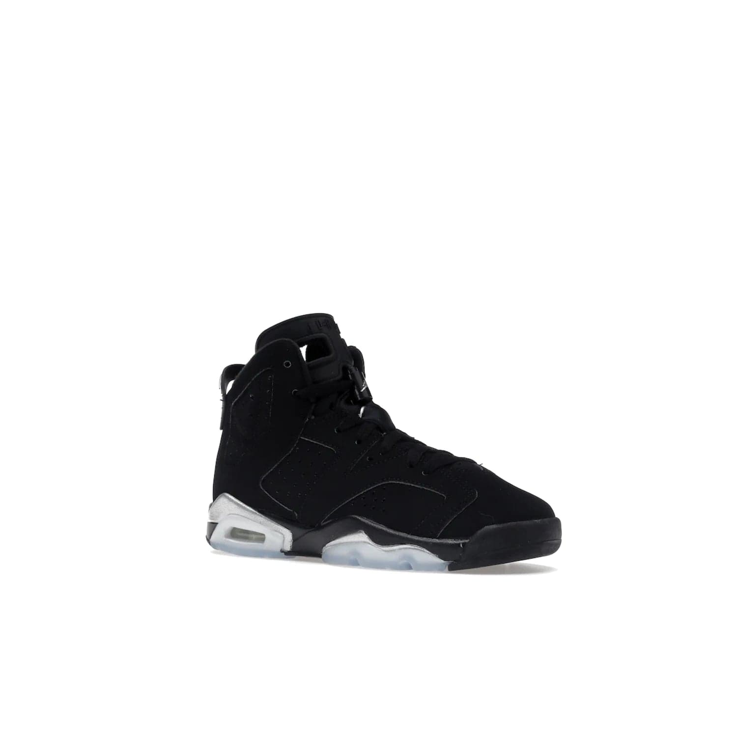 Jordan 6 Retro Chrome Metallic Silver (GS) - Image 5 - Only at www.BallersClubKickz.com - The Air Jordan 6 Retro Chrome Metallic Silver GS features a black nubuck upper, polyurethane midsole and translucent rubber outsole. The stylish silver hits add shine to this classic monochromatic sneaker. Available November 26th, 2022.