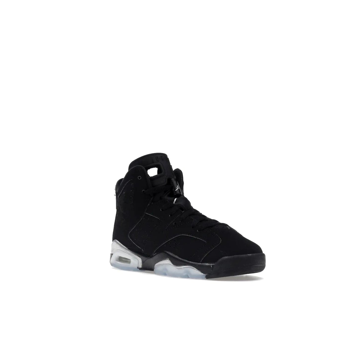 Jordan 6 Retro Chrome Metallic Silver (GS) - Image 6 - Only at www.BallersClubKickz.com - The Air Jordan 6 Retro Chrome Metallic Silver GS features a black nubuck upper, polyurethane midsole and translucent rubber outsole. The stylish silver hits add shine to this classic monochromatic sneaker. Available November 26th, 2022.