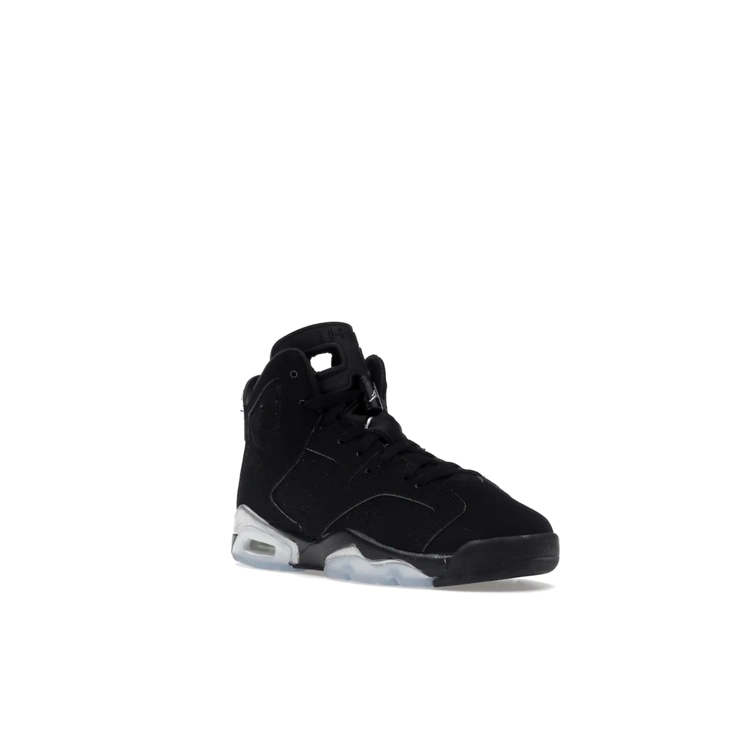 Jordan 6 Retro Chrome Metallic Silver (GS) - Image 6 - Only at www.BallersClubKickz.com - The Air Jordan 6 Retro Chrome Metallic Silver GS features a black nubuck upper, polyurethane midsole and translucent rubber outsole. The stylish silver hits add shine to this classic monochromatic sneaker. Available November 26th, 2022.