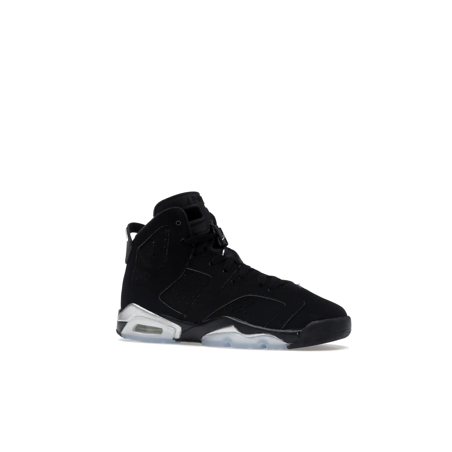 Jordan 6 Retro Chrome Metallic Silver (GS) - Image 4 - Only at www.BallersClubKickz.com - The Air Jordan 6 Retro Chrome Metallic Silver GS features a black nubuck upper, polyurethane midsole and translucent rubber outsole. The stylish silver hits add shine to this classic monochromatic sneaker. Available November 26th, 2022.