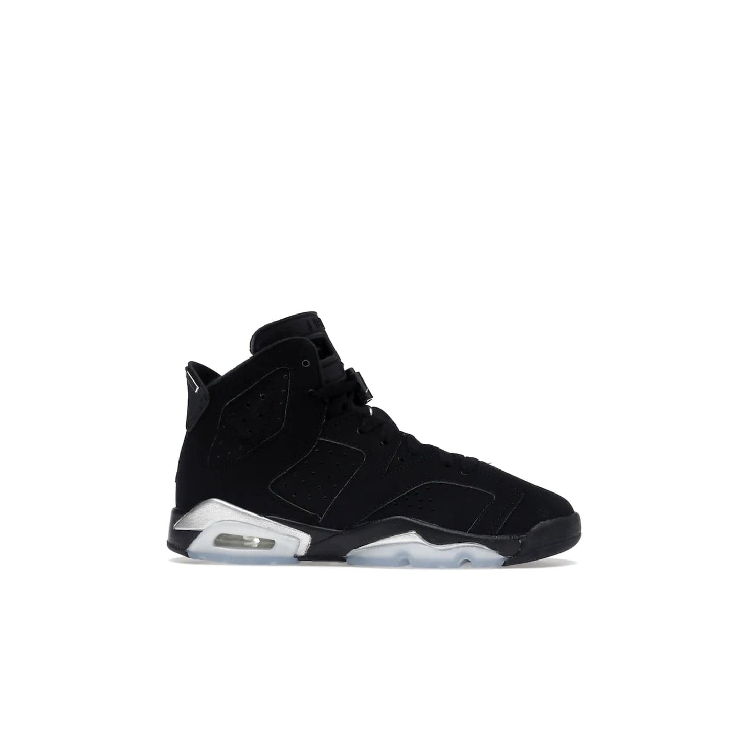 Jordan 6 Retro Chrome Metallic Silver (GS) - Image 2 - Only at www.BallersClubKickz.com - The Air Jordan 6 Retro Chrome Metallic Silver GS features a black nubuck upper, polyurethane midsole and translucent rubber outsole. The stylish silver hits add shine to this classic monochromatic sneaker. Available November 26th, 2022.