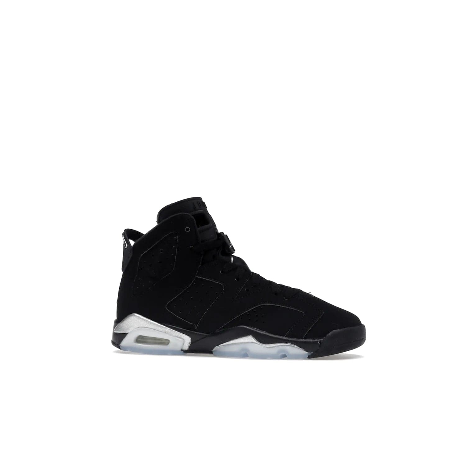 Jordan 6 Retro Chrome Metallic Silver (GS) - Image 3 - Only at www.BallersClubKickz.com - The Air Jordan 6 Retro Chrome Metallic Silver GS features a black nubuck upper, polyurethane midsole and translucent rubber outsole. The stylish silver hits add shine to this classic monochromatic sneaker. Available November 26th, 2022.