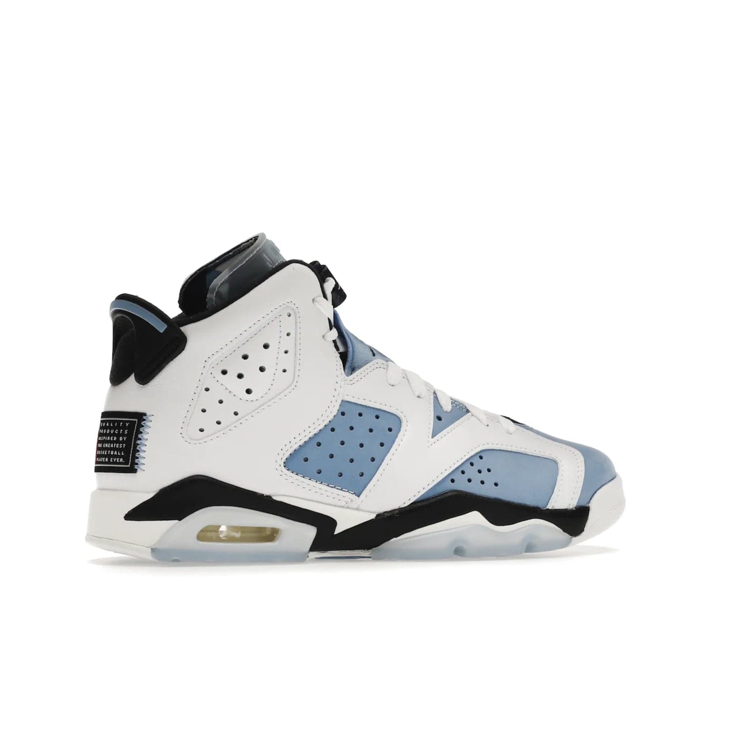 Jordan 6 Retro UNC White (GS) - Image 35 - Only at www.BallersClubKickz.com - Air Jordan 6 Retro UNC White GS: Michael Jordan alma mater, UNC Tar Heels, featuring colorway, nubuck, leather, Jumpman branding and a visible Air unit. Translucent blue/white outsole, perfect for completing sneaker rotation.