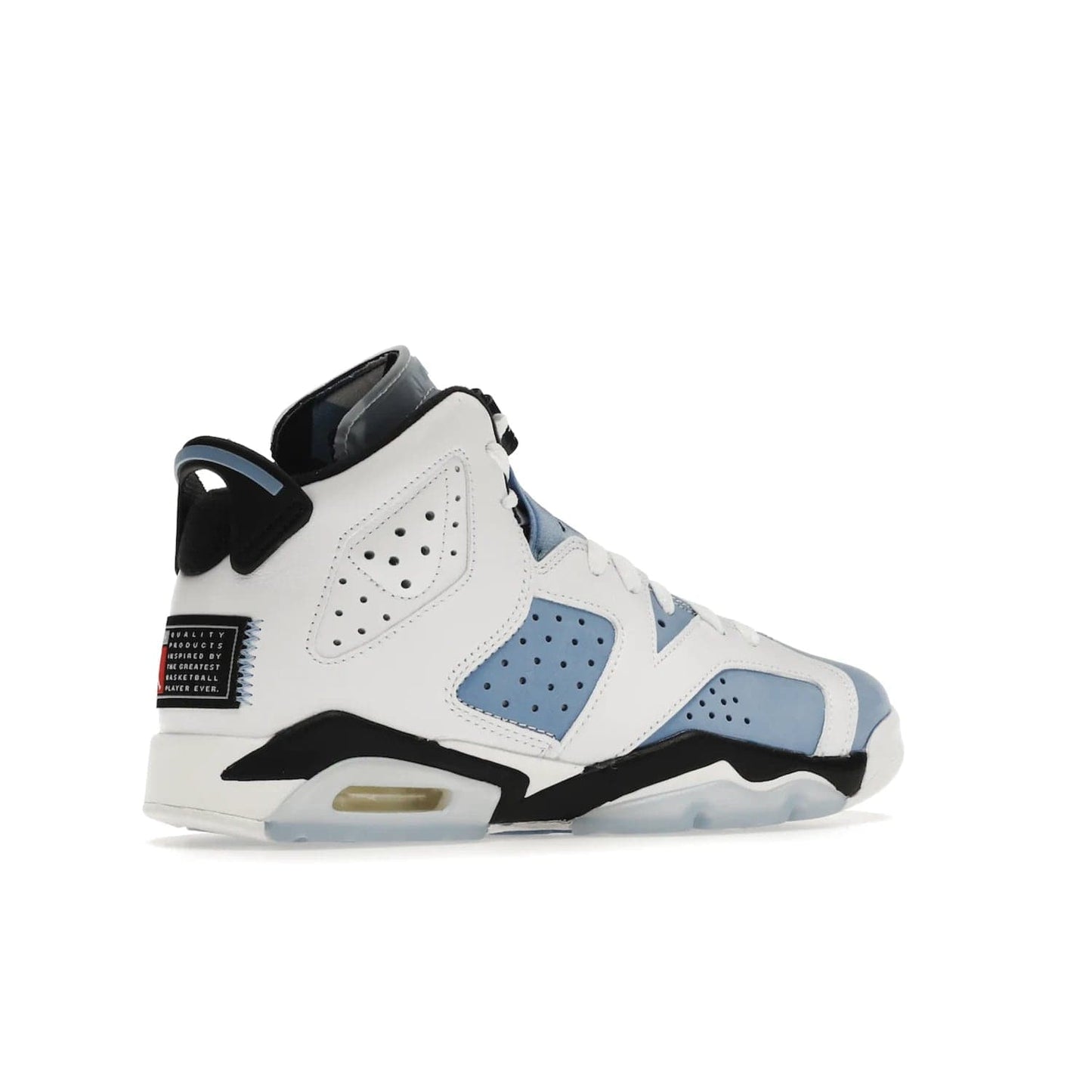 Jordan 6 Retro UNC White (GS) - Image 34 - Only at www.BallersClubKickz.com - Air Jordan 6 Retro UNC White GS: Michael Jordan alma mater, UNC Tar Heels, featuring colorway, nubuck, leather, Jumpman branding and a visible Air unit. Translucent blue/white outsole, perfect for completing sneaker rotation.