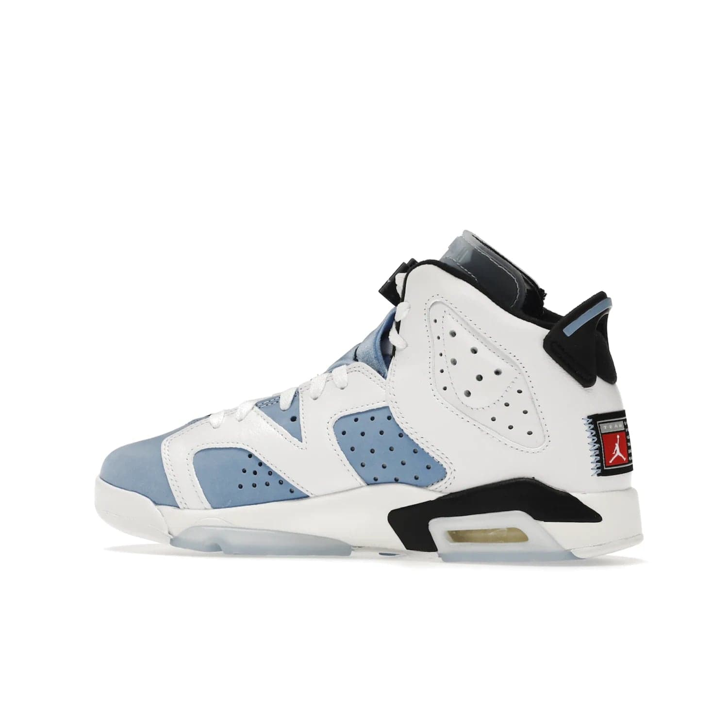 Jordan 6 Retro UNC White (GS) - Image 21 - Only at www.BallersClubKickz.com - Air Jordan 6 Retro UNC White GS: Michael Jordan alma mater, UNC Tar Heels, featuring colorway, nubuck, leather, Jumpman branding and a visible Air unit. Translucent blue/white outsole, perfect for completing sneaker rotation.
