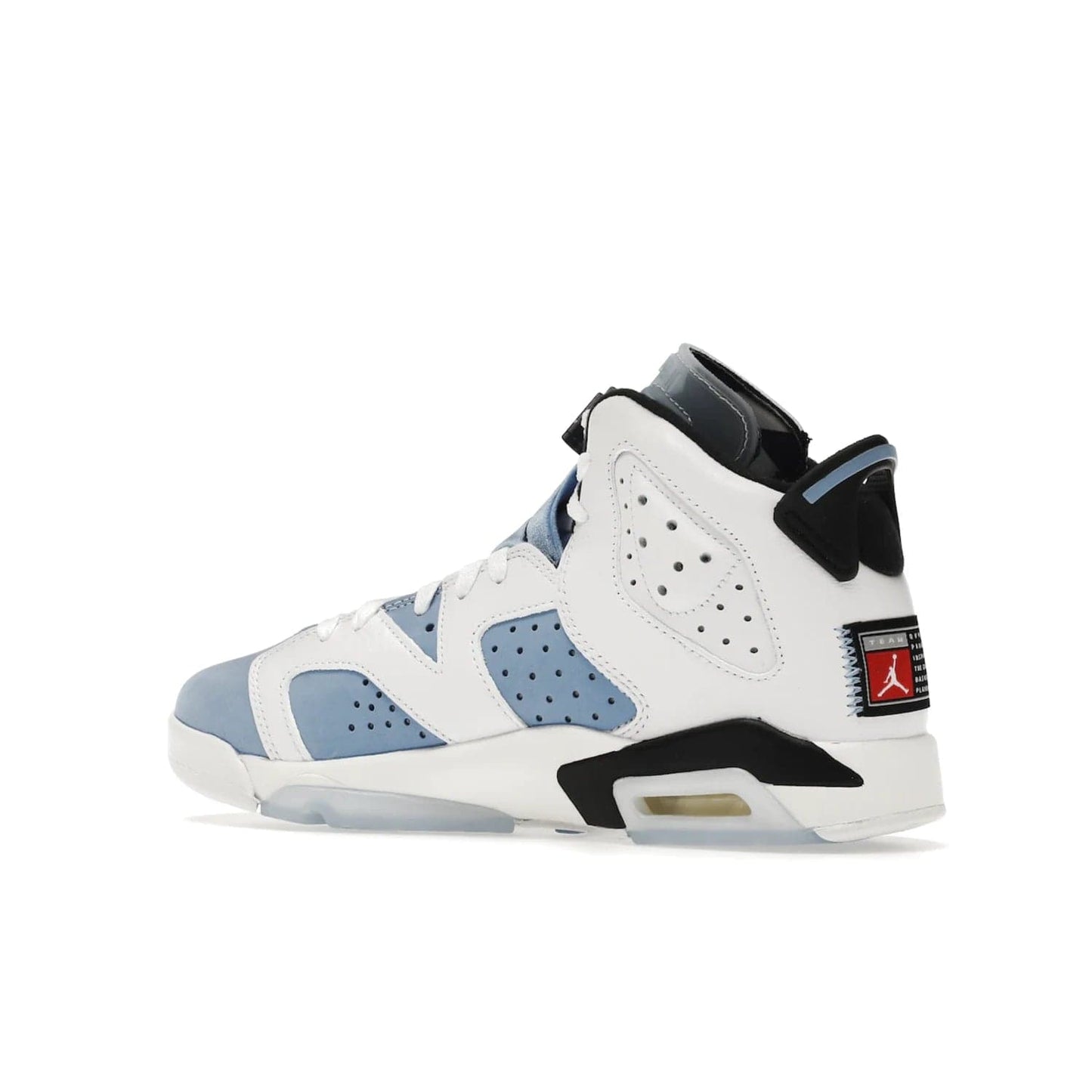 Jordan 6 Retro UNC White (GS) - Image 22 - Only at www.BallersClubKickz.com - Air Jordan 6 Retro UNC White GS: Michael Jordan alma mater, UNC Tar Heels, featuring colorway, nubuck, leather, Jumpman branding and a visible Air unit. Translucent blue/white outsole, perfect for completing sneaker rotation.