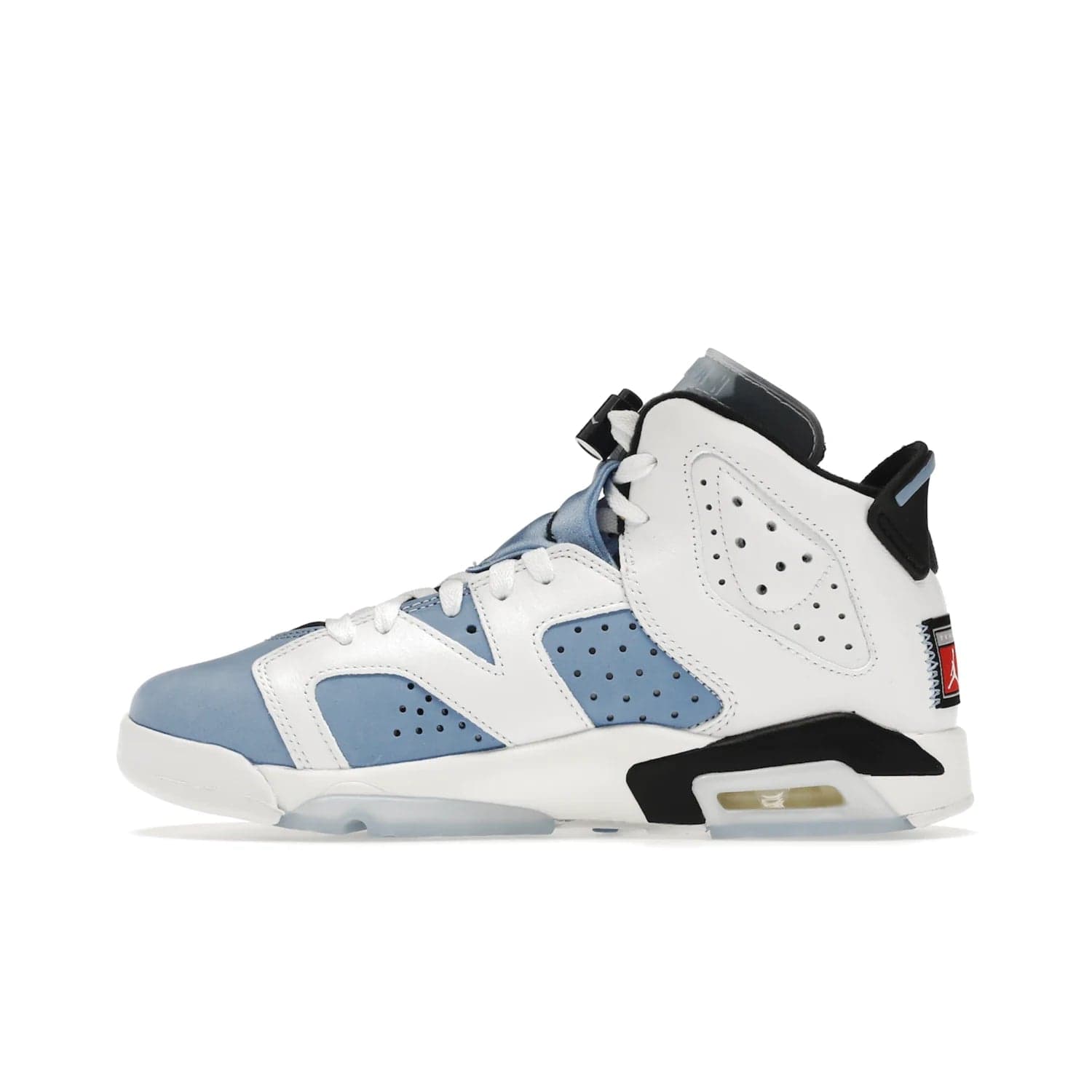 Jordan 6 Retro UNC White (GS) - Image 19 - Only at www.BallersClubKickz.com - Air Jordan 6 Retro UNC White GS: Michael Jordan alma mater, UNC Tar Heels, featuring colorway, nubuck, leather, Jumpman branding and a visible Air unit. Translucent blue/white outsole, perfect for completing sneaker rotation.