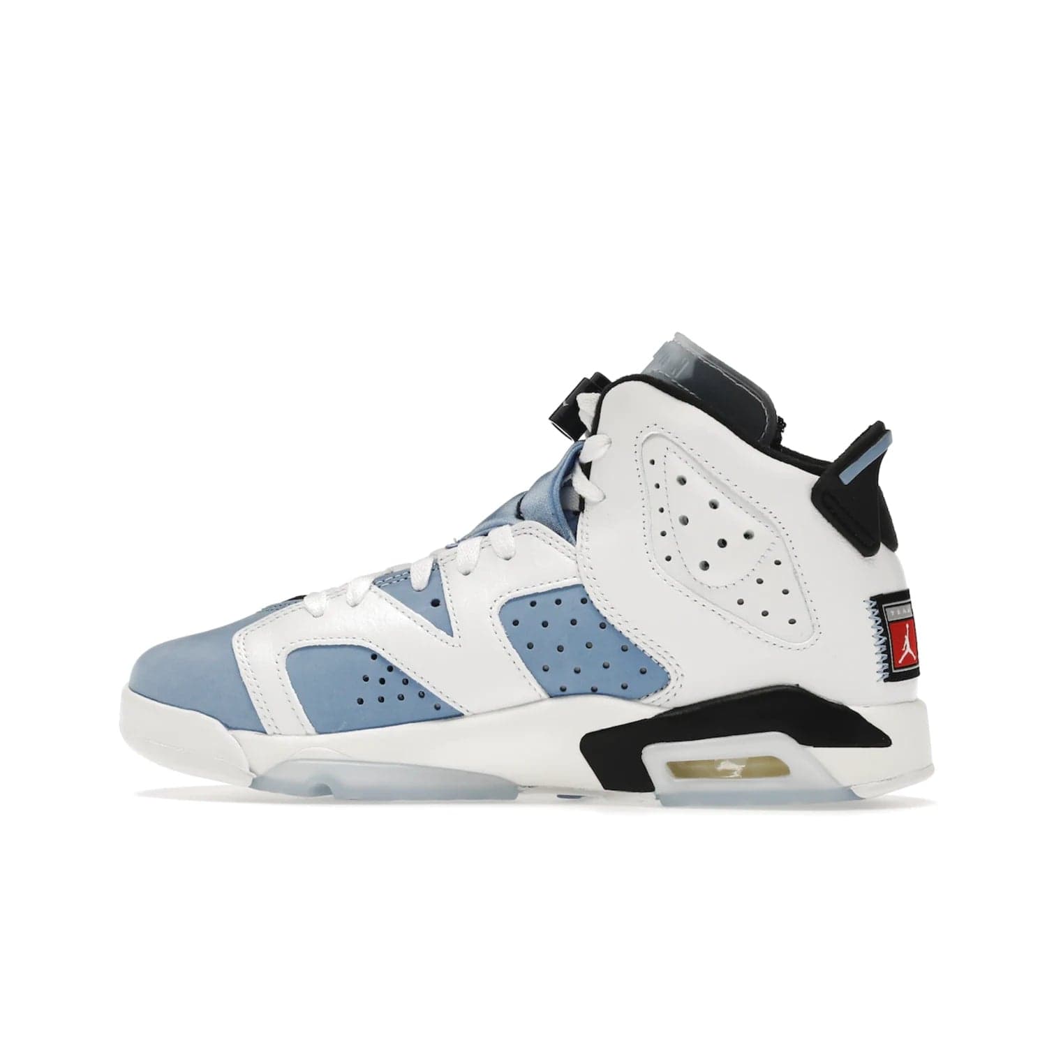 Jordan 6 Retro UNC White (GS) - Image 20 - Only at www.BallersClubKickz.com - Air Jordan 6 Retro UNC White GS: Michael Jordan alma mater, UNC Tar Heels, featuring colorway, nubuck, leather, Jumpman branding and a visible Air unit. Translucent blue/white outsole, perfect for completing sneaker rotation.