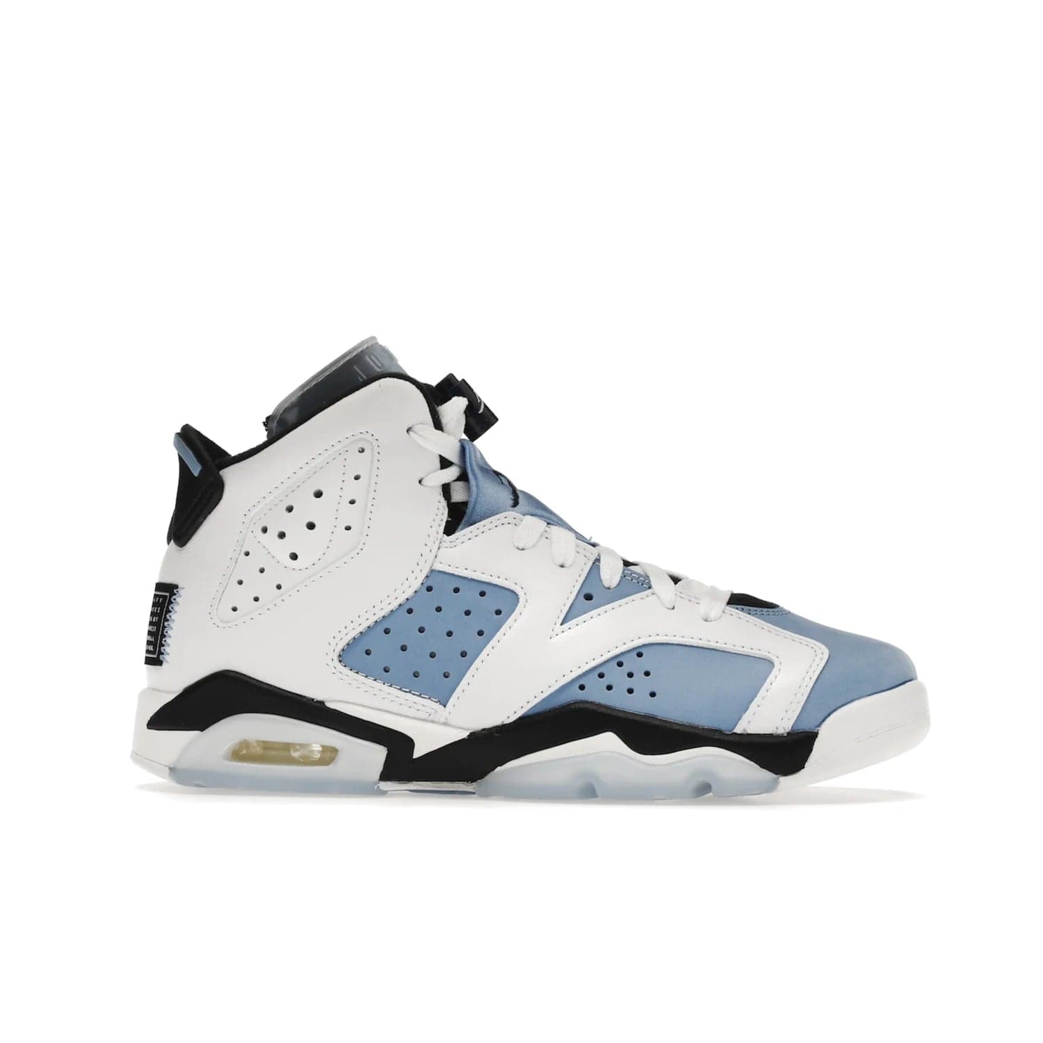 Jordan 6 Retro UNC White (GS) - Image 2 - Only at www.BallersClubKickz.com - Air Jordan 6 Retro UNC White GS: Michael Jordan alma mater, UNC Tar Heels, featuring colorway, nubuck, leather, Jumpman branding and a visible Air unit. Translucent blue/white outsole, perfect for completing sneaker rotation.