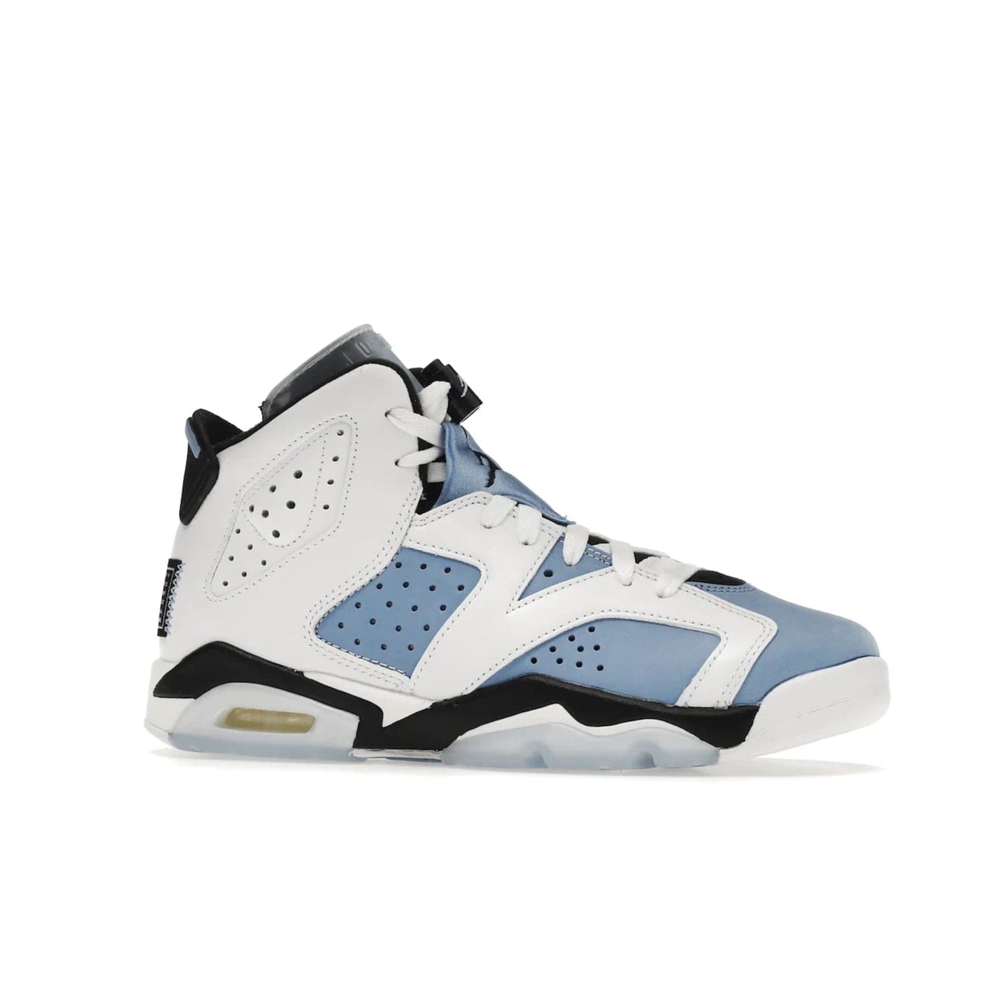 Jordan 6 Retro UNC White (GS) - Image 3 - Only at www.BallersClubKickz.com - Air Jordan 6 Retro UNC White GS: Michael Jordan alma mater, UNC Tar Heels, featuring colorway, nubuck, leather, Jumpman branding and a visible Air unit. Translucent blue/white outsole, perfect for completing sneaker rotation.