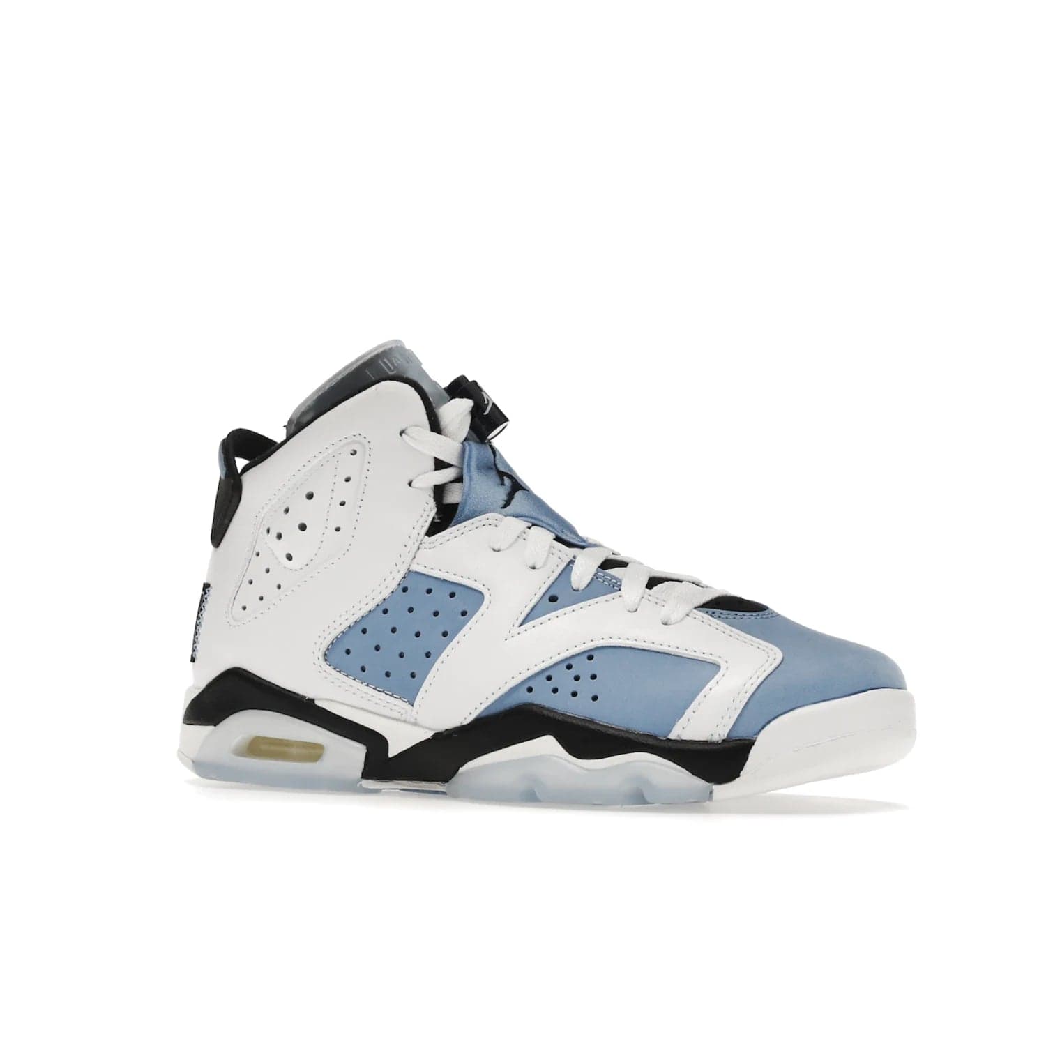 Jordan 6 Retro UNC White (GS) - Image 4 - Only at www.BallersClubKickz.com - Air Jordan 6 Retro UNC White GS: Michael Jordan alma mater, UNC Tar Heels, featuring colorway, nubuck, leather, Jumpman branding and a visible Air unit. Translucent blue/white outsole, perfect for completing sneaker rotation.