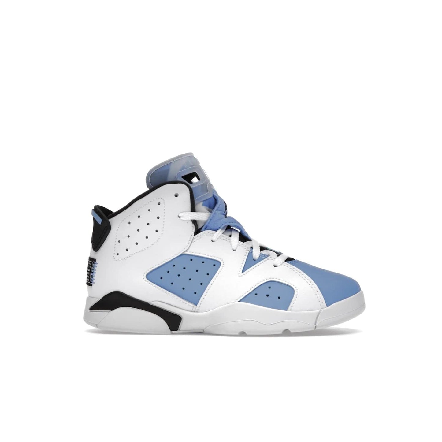 Jordan 6 Retro UNC White (PS) - Image 2 - Only at www.BallersClubKickz.com - The Air Jordan 6 Retro UNC White PS celebrates Michael Jordan's alma mater, the University of North Carolina. It features a classic color-blocking of the iconic Jordan 6 Carmine and a stitched Jordan Team patch. This must-have sneaker released on April 27th, 2022. Referencing the university colors, get this shoe for a stylish and timeless style with university pride.