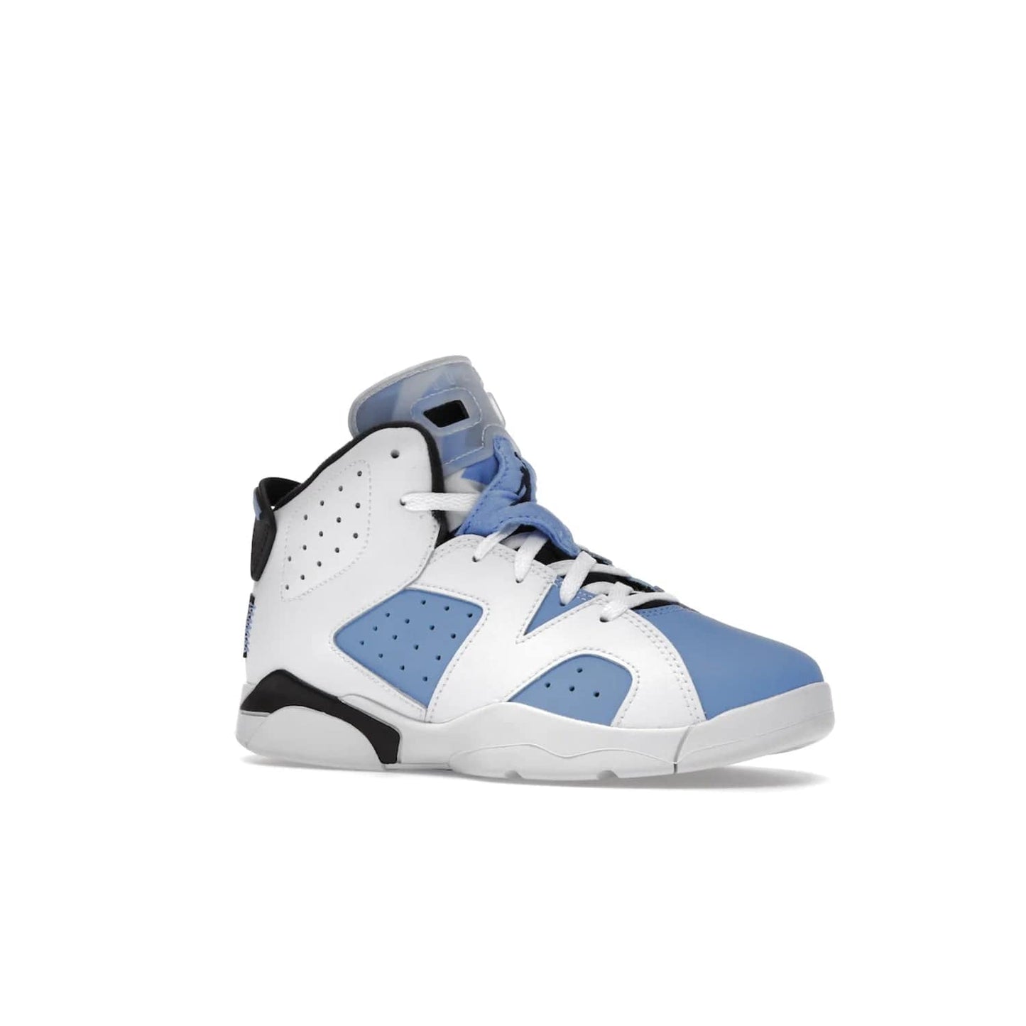 Jordan 6 Retro UNC White (PS) - Image 4 - Only at www.BallersClubKickz.com - The Air Jordan 6 Retro UNC White PS celebrates Michael Jordan's alma mater, the University of North Carolina. It features a classic color-blocking of the iconic Jordan 6 Carmine and a stitched Jordan Team patch. This must-have sneaker released on April 27th, 2022. Referencing the university colors, get this shoe for a stylish and timeless style with university pride.