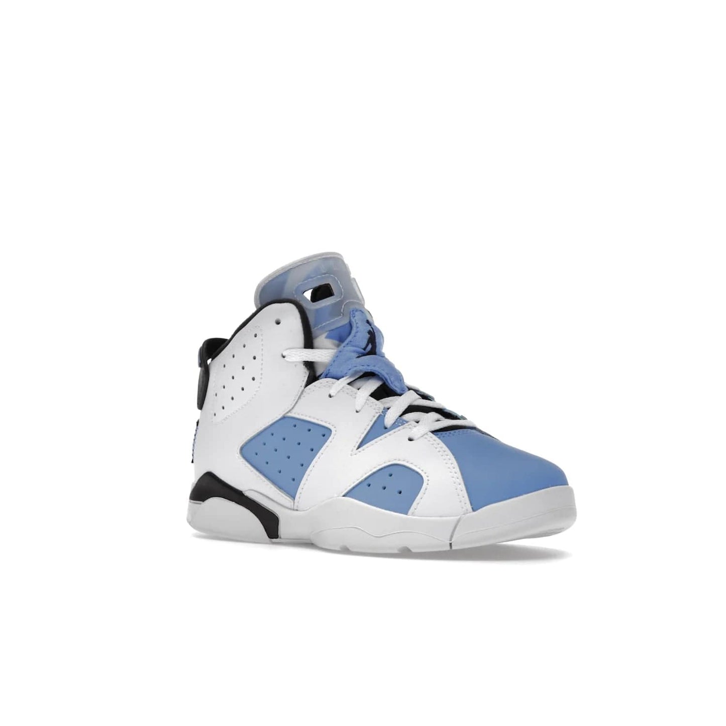 Jordan 6 Retro UNC White (PS) - Image 5 - Only at www.BallersClubKickz.com - The Air Jordan 6 Retro UNC White PS celebrates Michael Jordan's alma mater, the University of North Carolina. It features a classic color-blocking of the iconic Jordan 6 Carmine and a stitched Jordan Team patch. This must-have sneaker released on April 27th, 2022. Referencing the university colors, get this shoe for a stylish and timeless style with university pride.