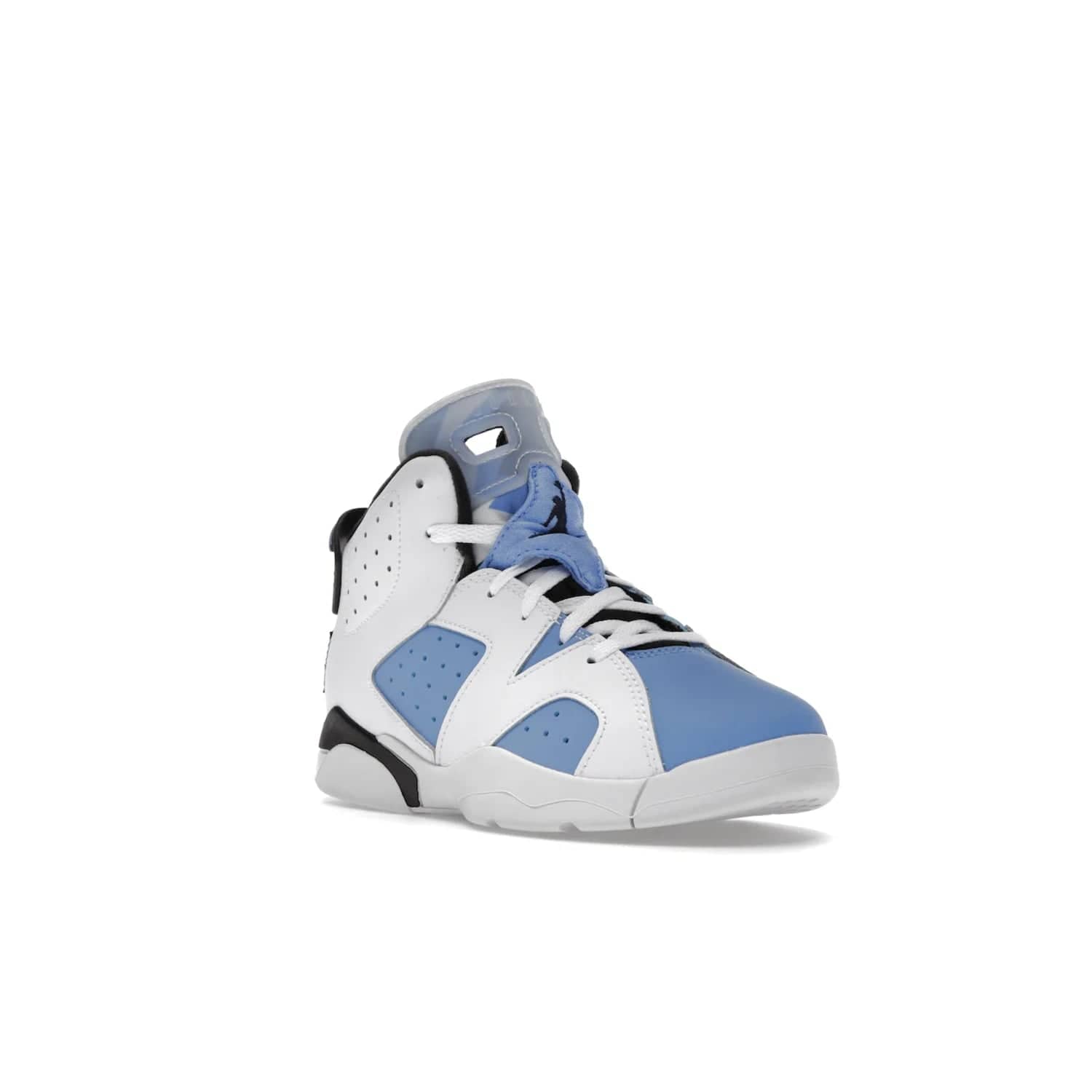 Jordan 6 Retro UNC White (PS) - Image 6 - Only at www.BallersClubKickz.com - The Air Jordan 6 Retro UNC White PS celebrates Michael Jordan's alma mater, the University of North Carolina. It features a classic color-blocking of the iconic Jordan 6 Carmine and a stitched Jordan Team patch. This must-have sneaker released on April 27th, 2022. Referencing the university colors, get this shoe for a stylish and timeless style with university pride.