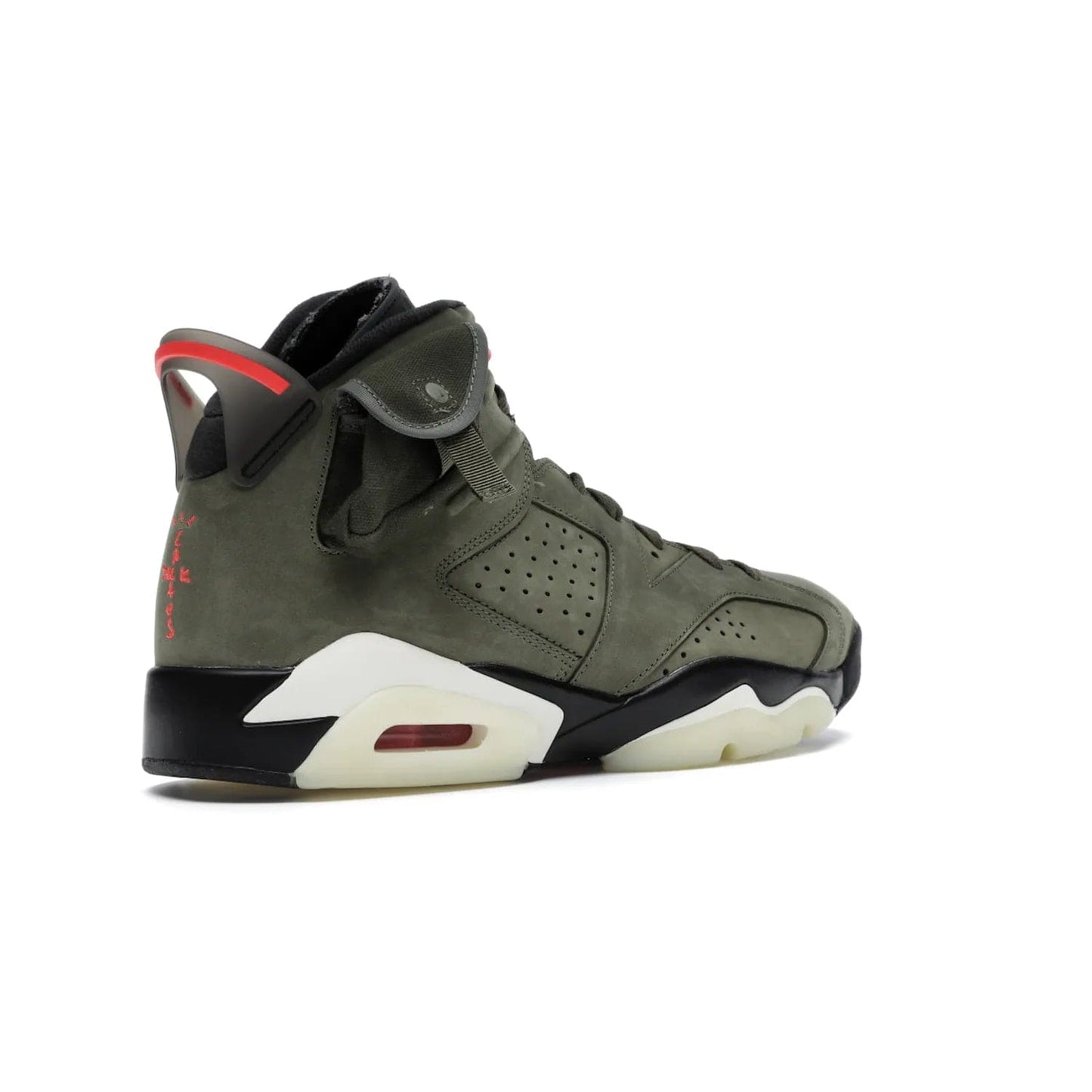 Jordan 6 Retro Travis Scott - Image 33 - Only at www.BallersClubKickz.com - Iconic AJ 6 silhouette from Travis Scott & Jordan Brand. Get the eye-catching Medium Olive/Black-Sail-University Red colourway today and upgrade your style.