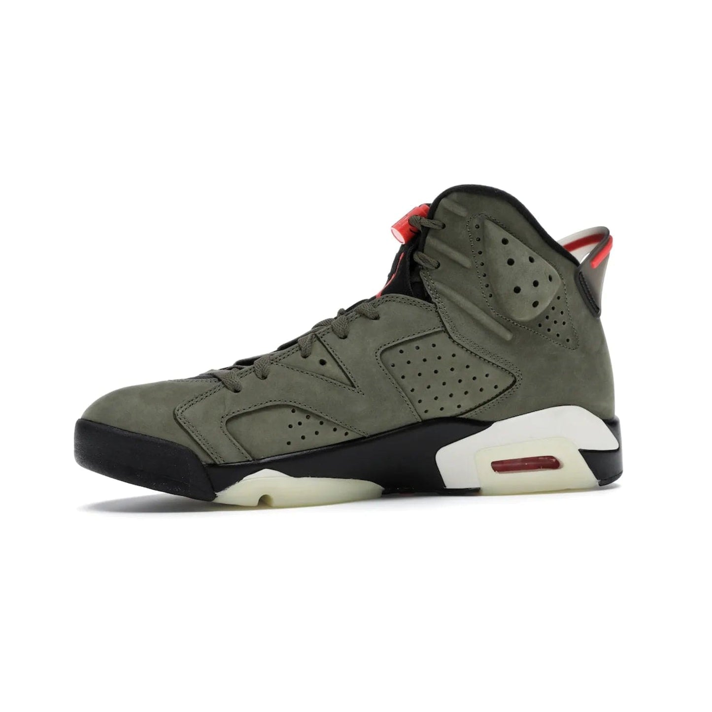 Jordan 6 Retro Travis Scott - Image 17 - Only at www.BallersClubKickz.com - Iconic AJ 6 silhouette from Travis Scott & Jordan Brand. Get the eye-catching Medium Olive/Black-Sail-University Red colourway today and upgrade your style.