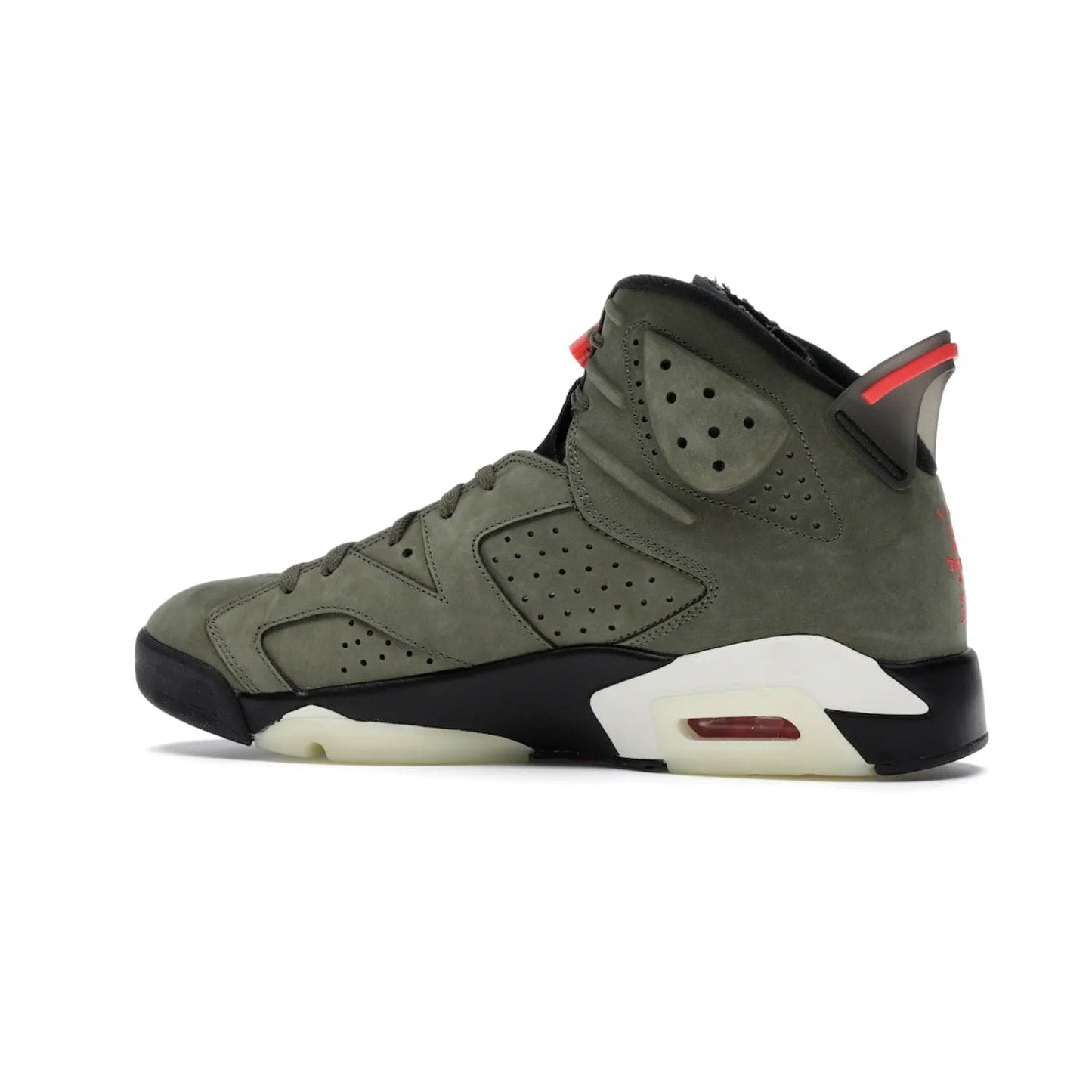 Jordan 6 Retro Travis Scott - Image 21 - Only at www.BallersClubKickz.com - Iconic AJ 6 silhouette from Travis Scott & Jordan Brand. Get the eye-catching Medium Olive/Black-Sail-University Red colourway today and upgrade your style.