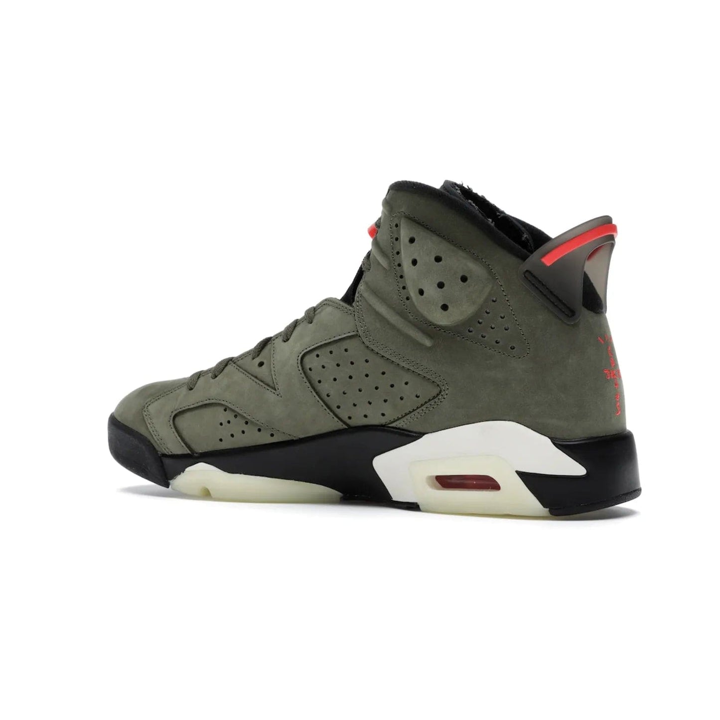 Jordan 6 Retro Travis Scott - Image 22 - Only at www.BallersClubKickz.com - Iconic AJ 6 silhouette from Travis Scott & Jordan Brand. Get the eye-catching Medium Olive/Black-Sail-University Red colourway today and upgrade your style.