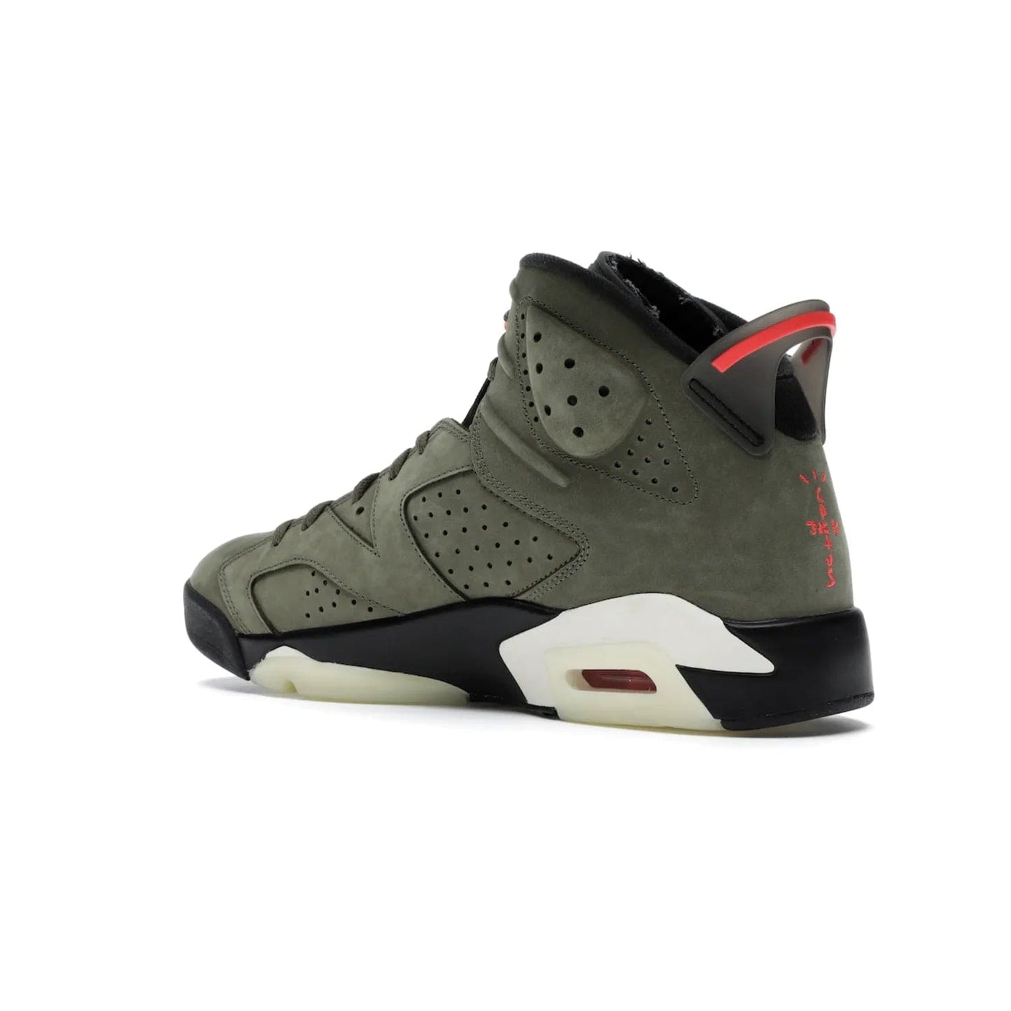 Jordan 6 Retro Travis Scott - Image 23 - Only at www.BallersClubKickz.com - Iconic AJ 6 silhouette from Travis Scott & Jordan Brand. Get the eye-catching Medium Olive/Black-Sail-University Red colourway today and upgrade your style.