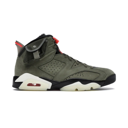 Jordan 6 Retro Travis Scott - Image 1 - Only at www.BallersClubKickz.com - Iconic AJ 6 silhouette from Travis Scott & Jordan Brand. Get the eye-catching Medium Olive/Black-Sail-University Red colourway today and upgrade your style.