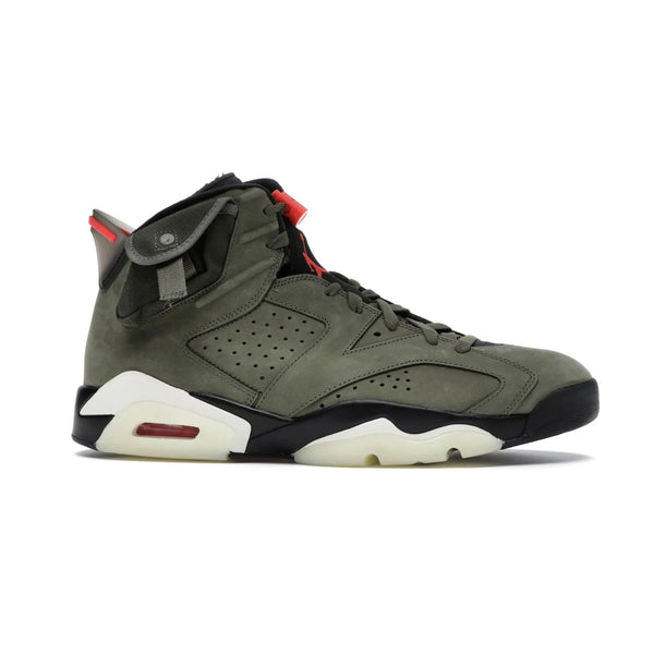 Jordan 6 Retro Travis Scott - Image 2 - Only at www.BallersClubKickz.com - Iconic AJ 6 silhouette from Travis Scott & Jordan Brand. Get the eye-catching Medium Olive/Black-Sail-University Red colourway today and upgrade your style.