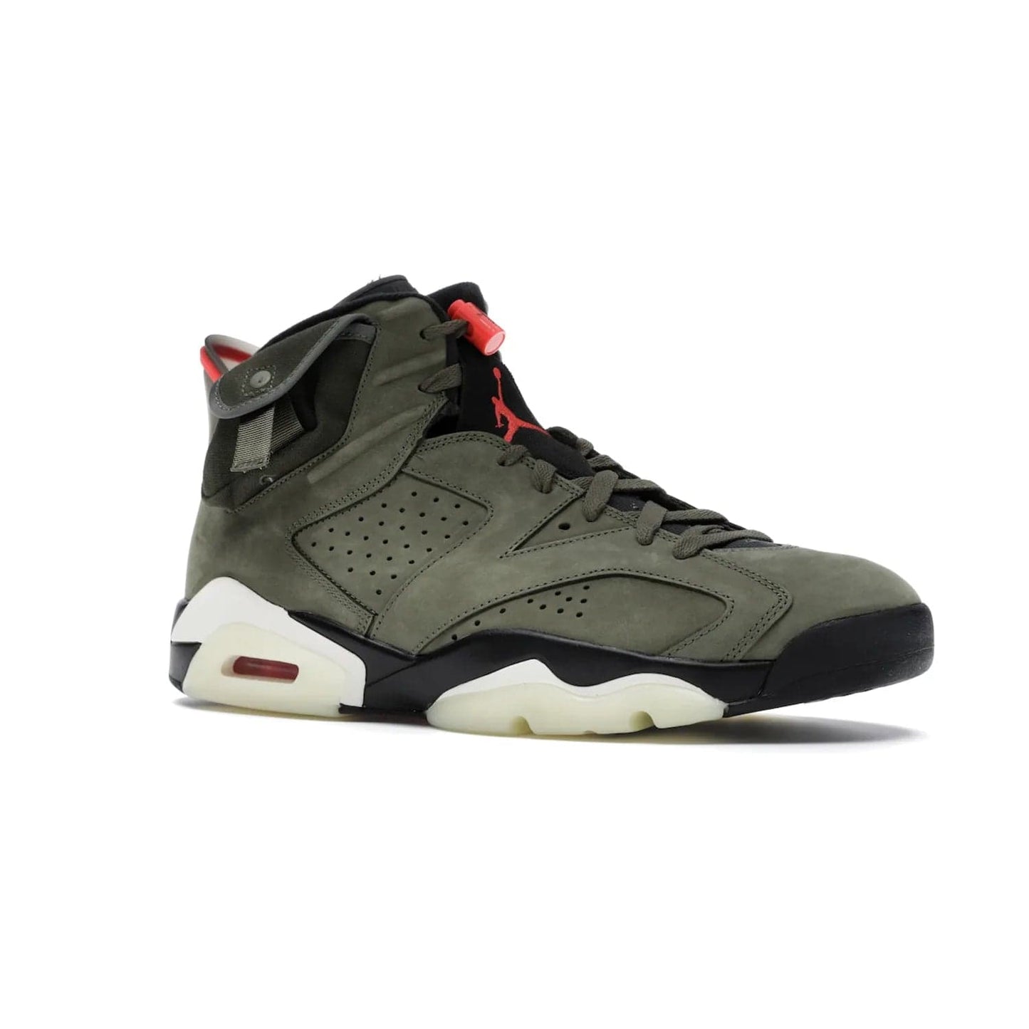 Jordan 6 Retro Travis Scott - Image 4 - Only at www.BallersClubKickz.com - Iconic AJ 6 silhouette from Travis Scott & Jordan Brand. Get the eye-catching Medium Olive/Black-Sail-University Red colourway today and upgrade your style.