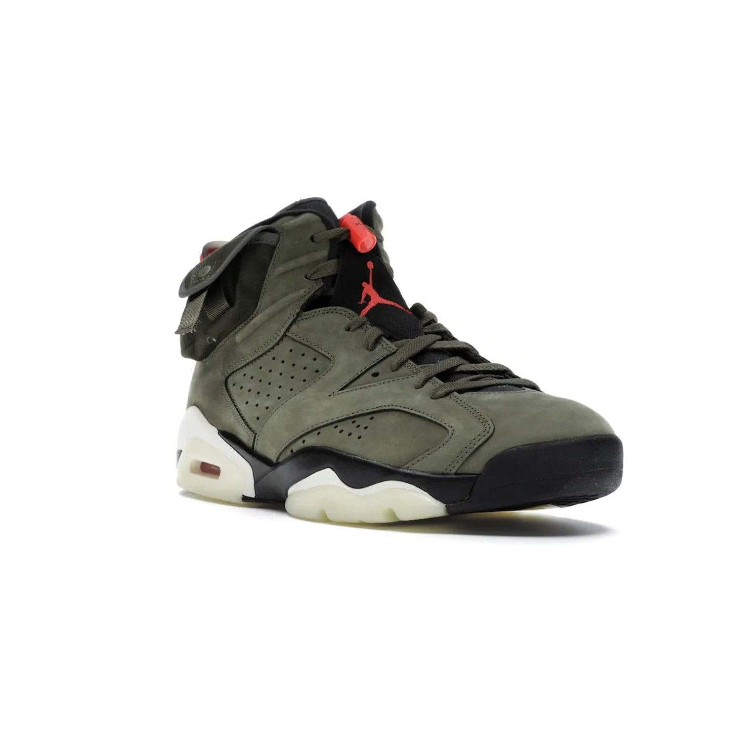 Jordan 6 Retro Travis Scott - Image 6 - Only at www.BallersClubKickz.com - Iconic AJ 6 silhouette from Travis Scott & Jordan Brand. Get the eye-catching Medium Olive/Black-Sail-University Red colourway today and upgrade your style.