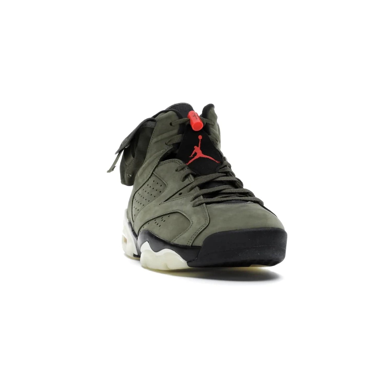 Jordan 6 Retro Travis Scott - Image 8 - Only at www.BallersClubKickz.com - Iconic AJ 6 silhouette from Travis Scott & Jordan Brand. Get the eye-catching Medium Olive/Black-Sail-University Red colourway today and upgrade your style.