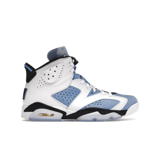 Jordan 6 Retro UNC White - Image 1 - Only at www.BallersClubKickz.com - Air Jordan 6 Retro UNC White with classic UNC colors brings nostalgia and style to a legendary silhouette. Celebrate MJ's alma mater with navy blue accents, icy semi-translucent sole and Jordan Team patch. Out March 2022 for the Sneaker Enthusiast.