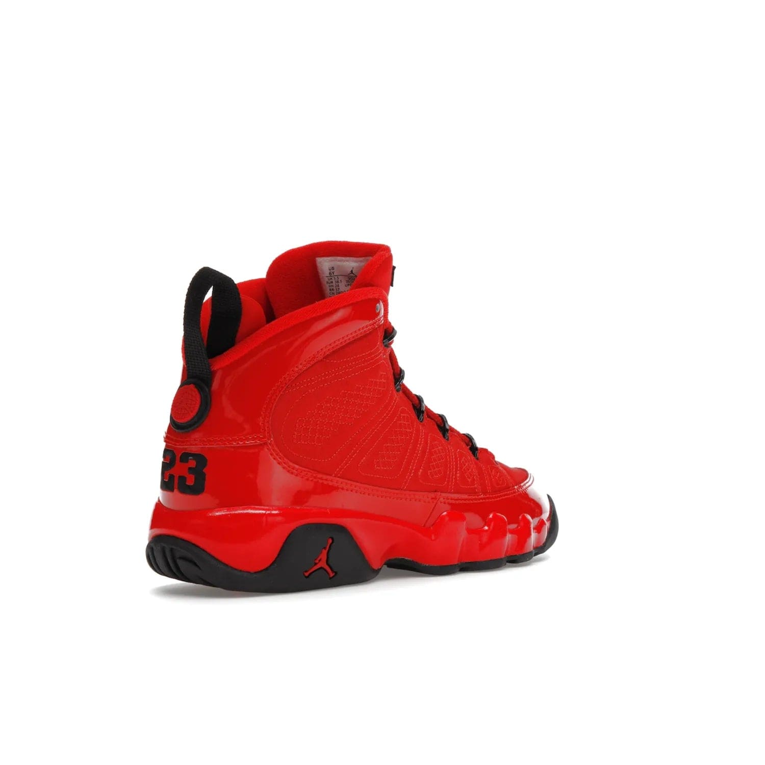 Jordan 9 Retro Chile Red (GS) - Image 32 - Only at www.BallersClubKickz.com - Introducing the Air Jordan 9 Retro Chile Red (GS), a vintage 1993 silhouette with fiery colorway. Features quilted side paneling, glossy patent leather, pull tabs, black contrast accents, and foam midsole. Launching May 2022 for $140.