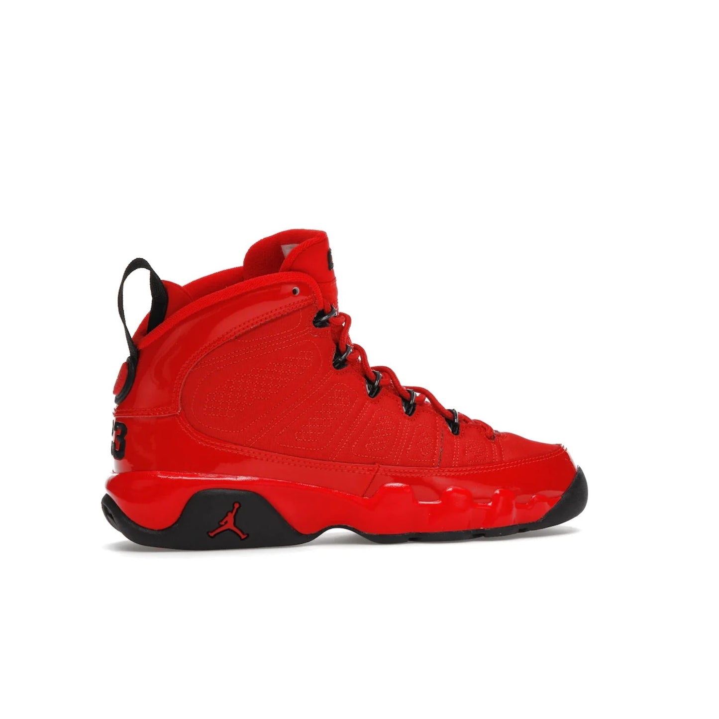 Jordan 9 Retro Chile Red (GS) - Image 35 - Only at www.BallersClubKickz.com - Introducing the Air Jordan 9 Retro Chile Red (GS), a vintage 1993 silhouette with fiery colorway. Features quilted side paneling, glossy patent leather, pull tabs, black contrast accents, and foam midsole. Launching May 2022 for $140.