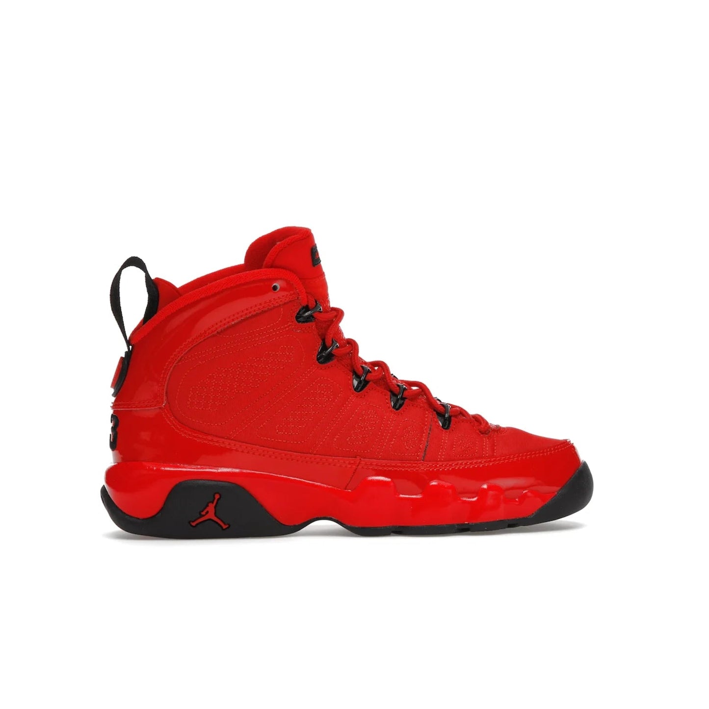 Jordan 9 Retro Chile Red (GS) - Image 36 - Only at www.BallersClubKickz.com - Introducing the Air Jordan 9 Retro Chile Red (GS), a vintage 1993 silhouette with fiery colorway. Features quilted side paneling, glossy patent leather, pull tabs, black contrast accents, and foam midsole. Launching May 2022 for $140.