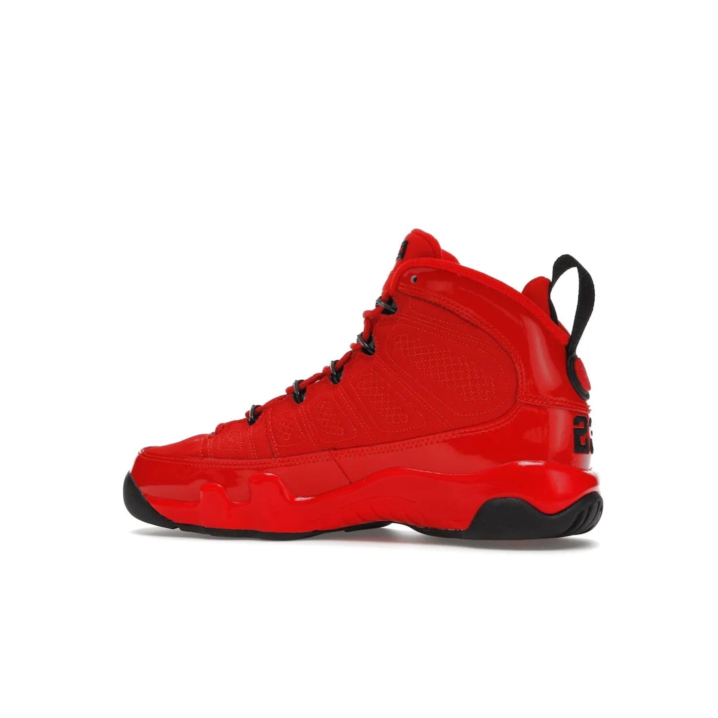 Jordan 9 Retro Chile Red (GS) - Image 21 - Only at www.BallersClubKickz.com - Introducing the Air Jordan 9 Retro Chile Red (GS), a vintage 1993 silhouette with fiery colorway. Features quilted side paneling, glossy patent leather, pull tabs, black contrast accents, and foam midsole. Launching May 2022 for $140.