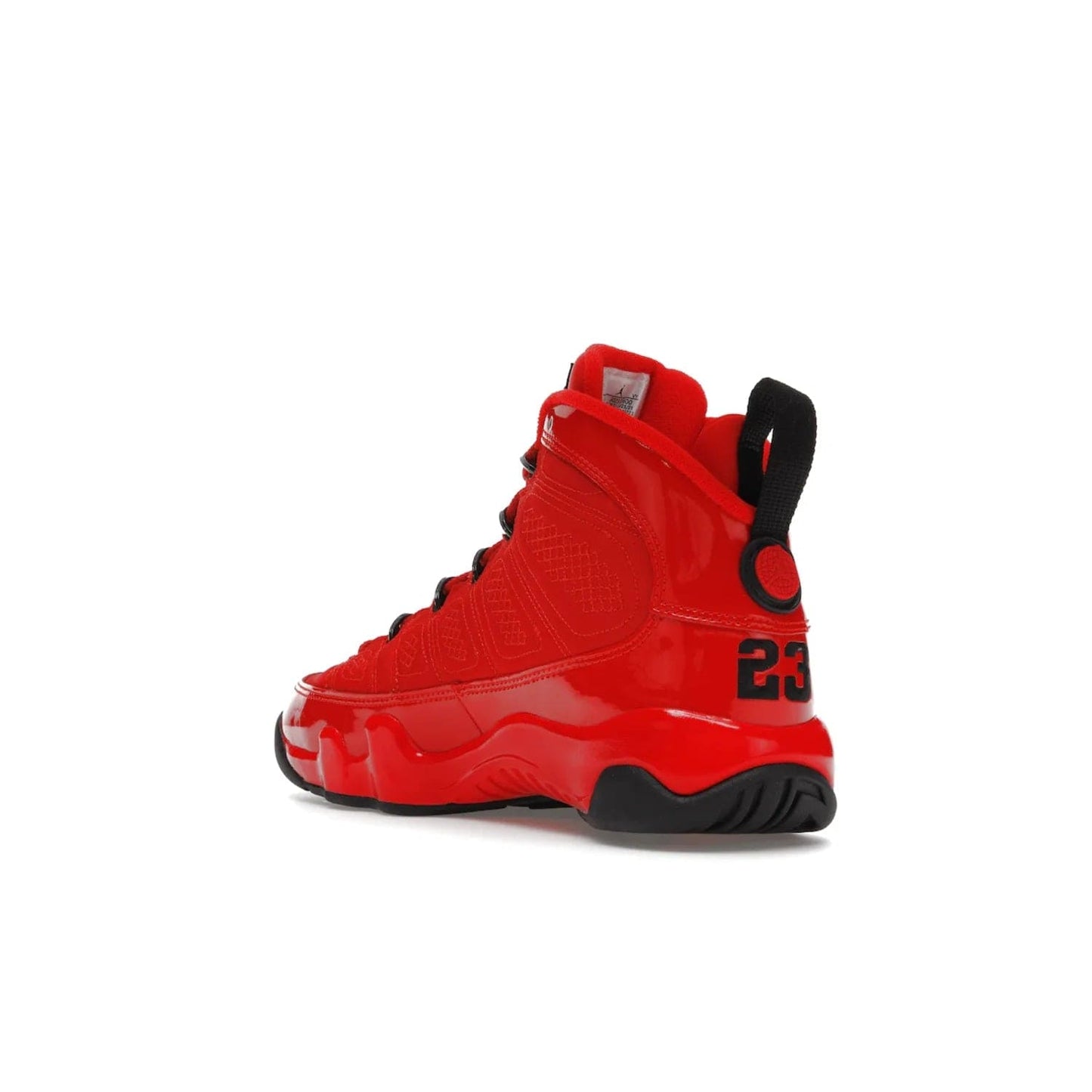 Jordan 9 Retro Chile Red (GS) - Image 24 - Only at www.BallersClubKickz.com - Introducing the Air Jordan 9 Retro Chile Red (GS), a vintage 1993 silhouette with fiery colorway. Features quilted side paneling, glossy patent leather, pull tabs, black contrast accents, and foam midsole. Launching May 2022 for $140.
