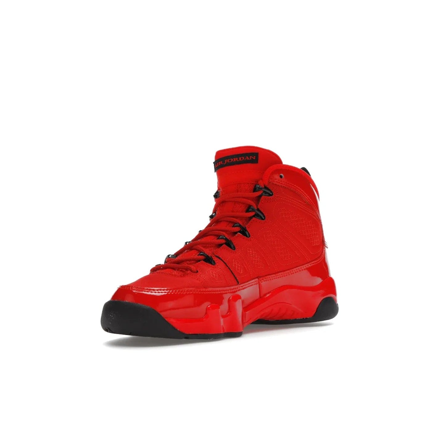 Jordan 9 Retro Chile Red (GS) - Image 14 - Only at www.BallersClubKickz.com - Introducing the Air Jordan 9 Retro Chile Red (GS), a vintage 1993 silhouette with fiery colorway. Features quilted side paneling, glossy patent leather, pull tabs, black contrast accents, and foam midsole. Launching May 2022 for $140.