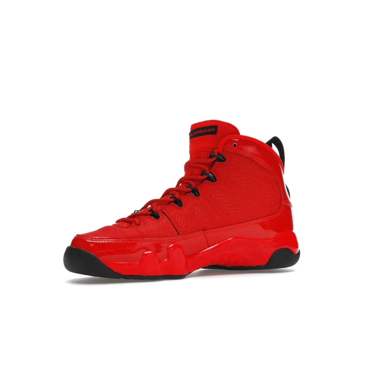 Jordan 9 Retro Chile Red (GS) - Image 16 - Only at www.BallersClubKickz.com - Introducing the Air Jordan 9 Retro Chile Red (GS), a vintage 1993 silhouette with fiery colorway. Features quilted side paneling, glossy patent leather, pull tabs, black contrast accents, and foam midsole. Launching May 2022 for $140.
