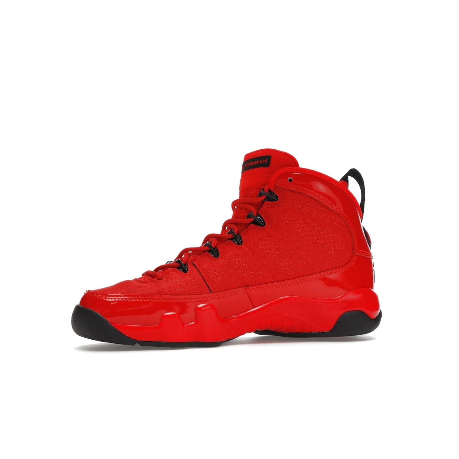 Jordan 9 Retro Chile Red (GS) - Image 17 - Only at www.BallersClubKickz.com - Introducing the Air Jordan 9 Retro Chile Red (GS), a vintage 1993 silhouette with fiery colorway. Features quilted side paneling, glossy patent leather, pull tabs, black contrast accents, and foam midsole. Launching May 2022 for $140.